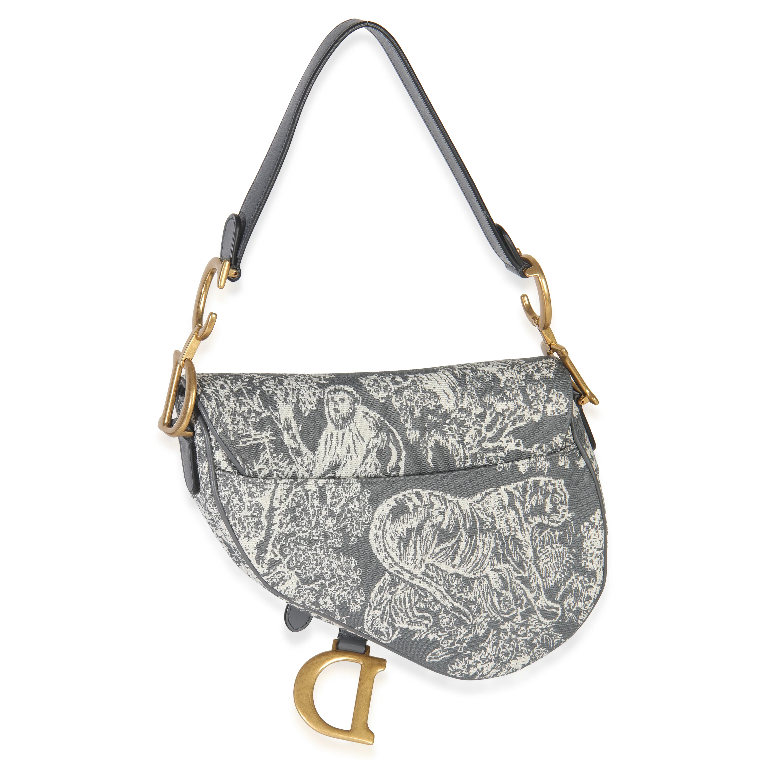 Grey White Reverse Embroidered Toile De Jouy Medium Saddle Bag - Image 5
