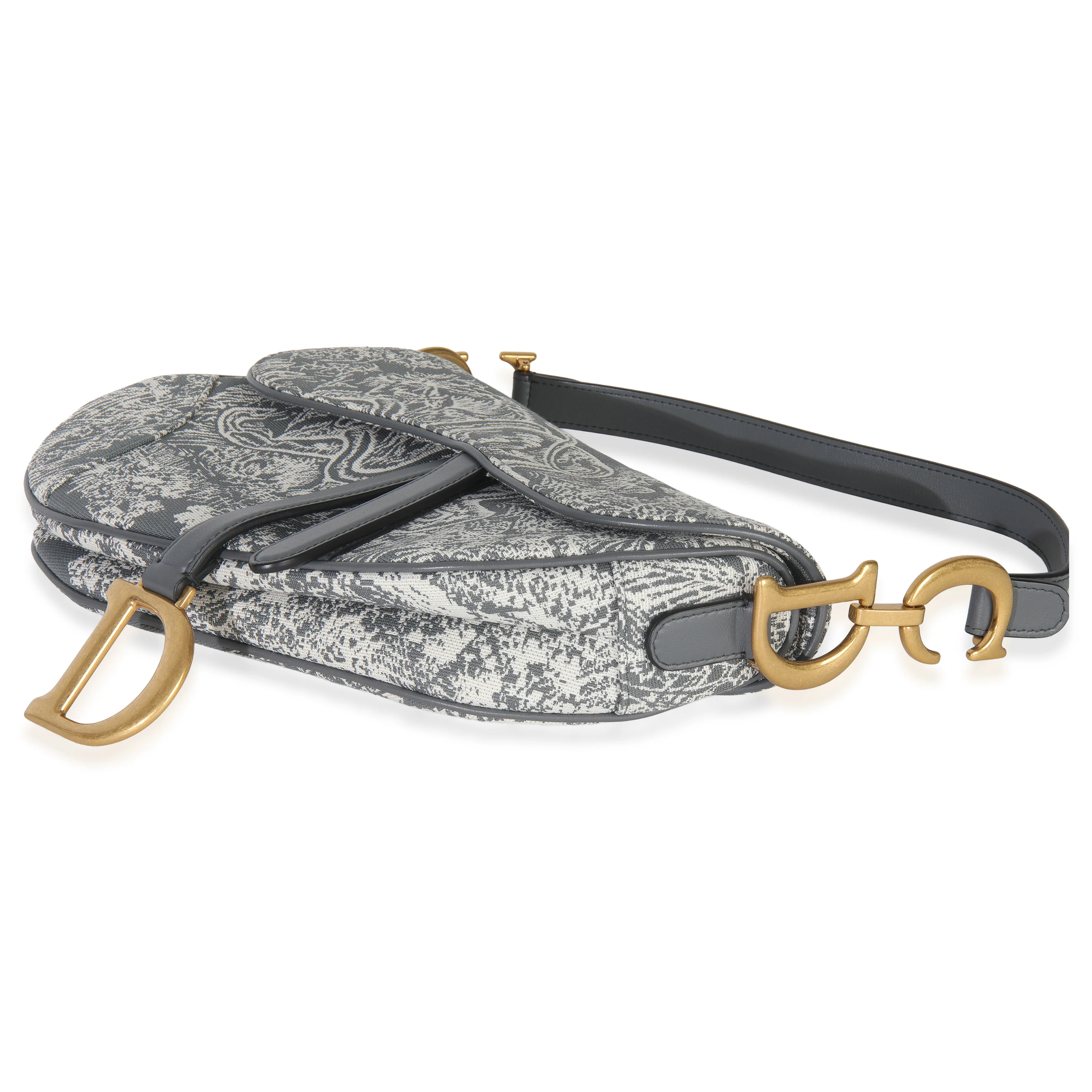 Grey White Reverse Embroidered Toile De Jouy Medium Saddle Bag - Image 6