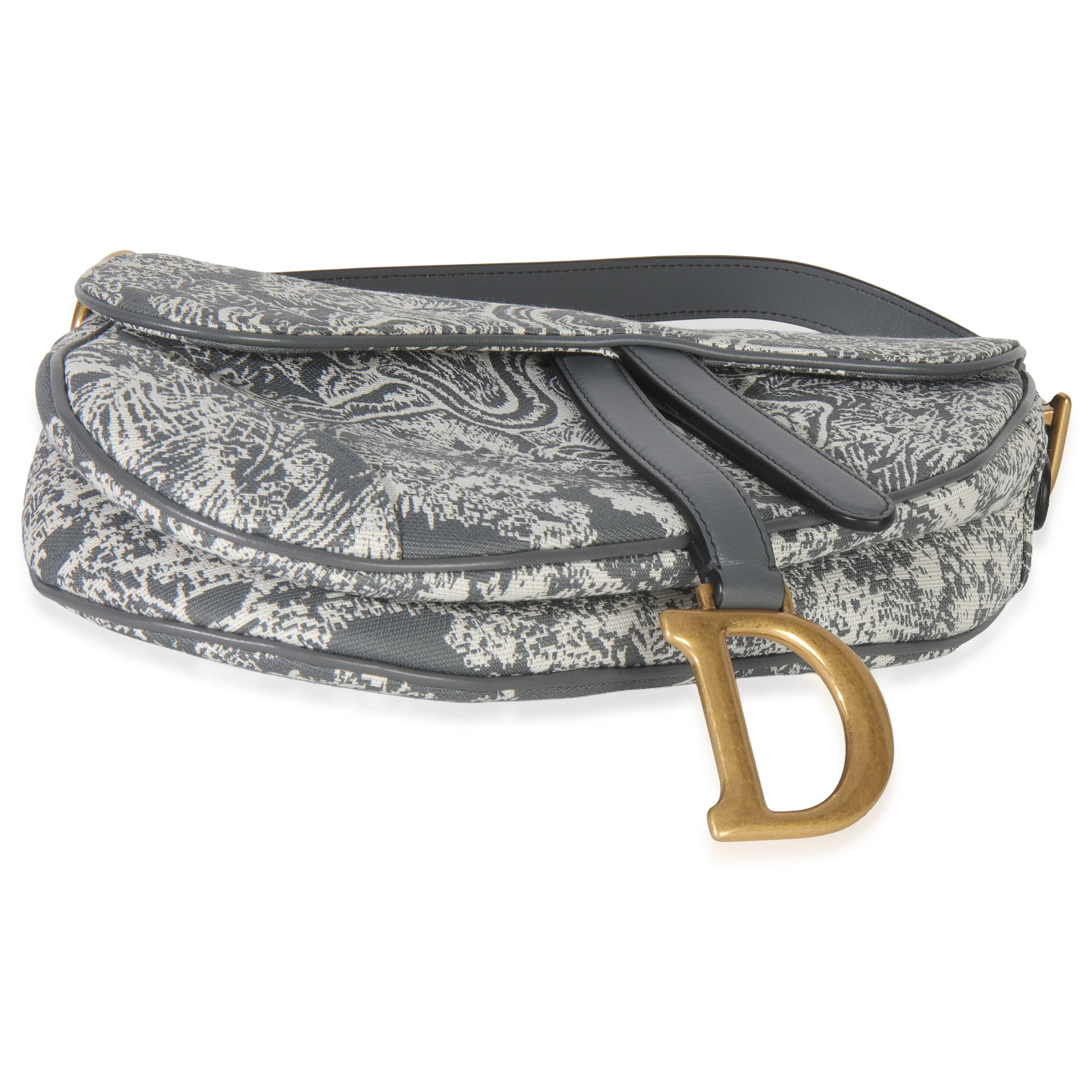 Grey White Reverse Embroidered Toile De Jouy Medium Saddle Bag - Image 7