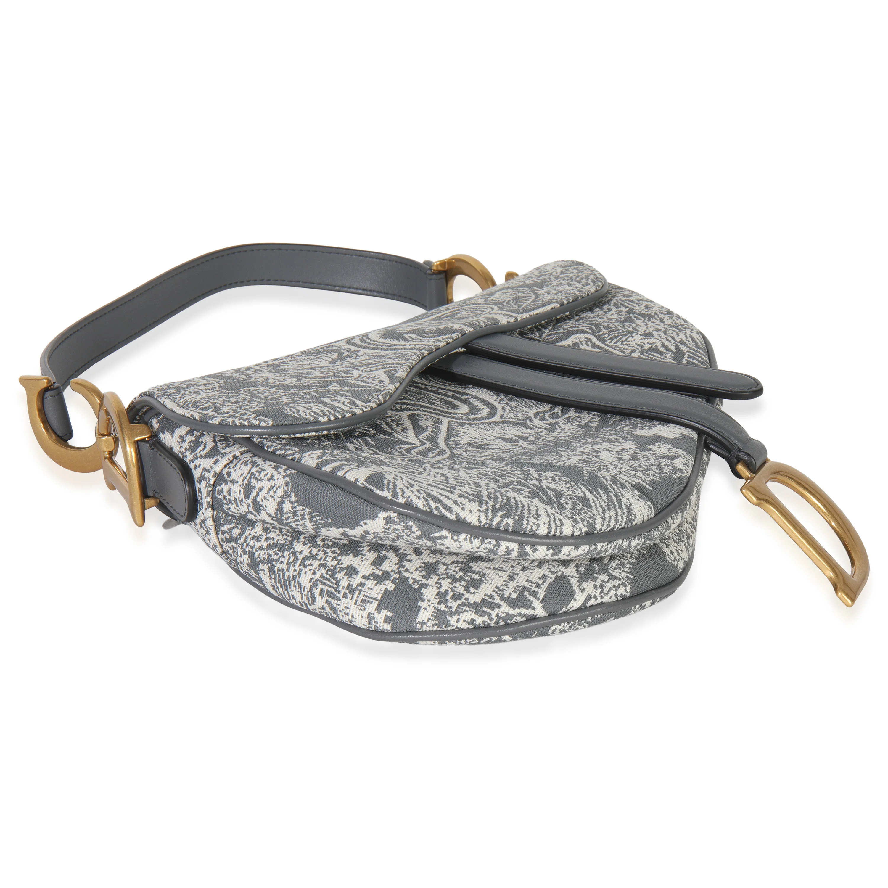 Grey White Reverse Embroidered Toile De Jouy Medium Saddle Bag - Image 8