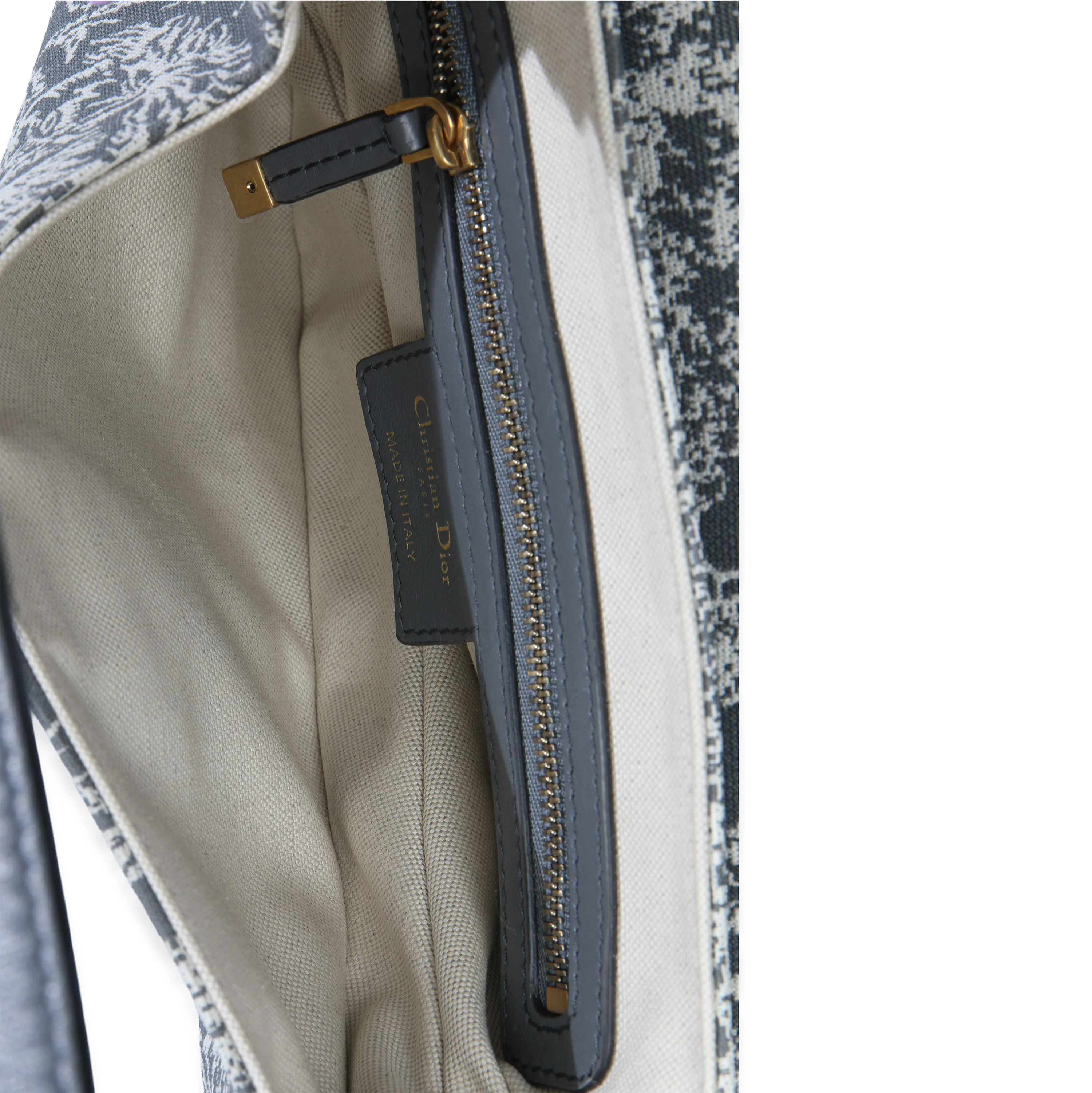 Grey White Reverse Embroidered Toile De Jouy Medium Saddle Bag - Image 9