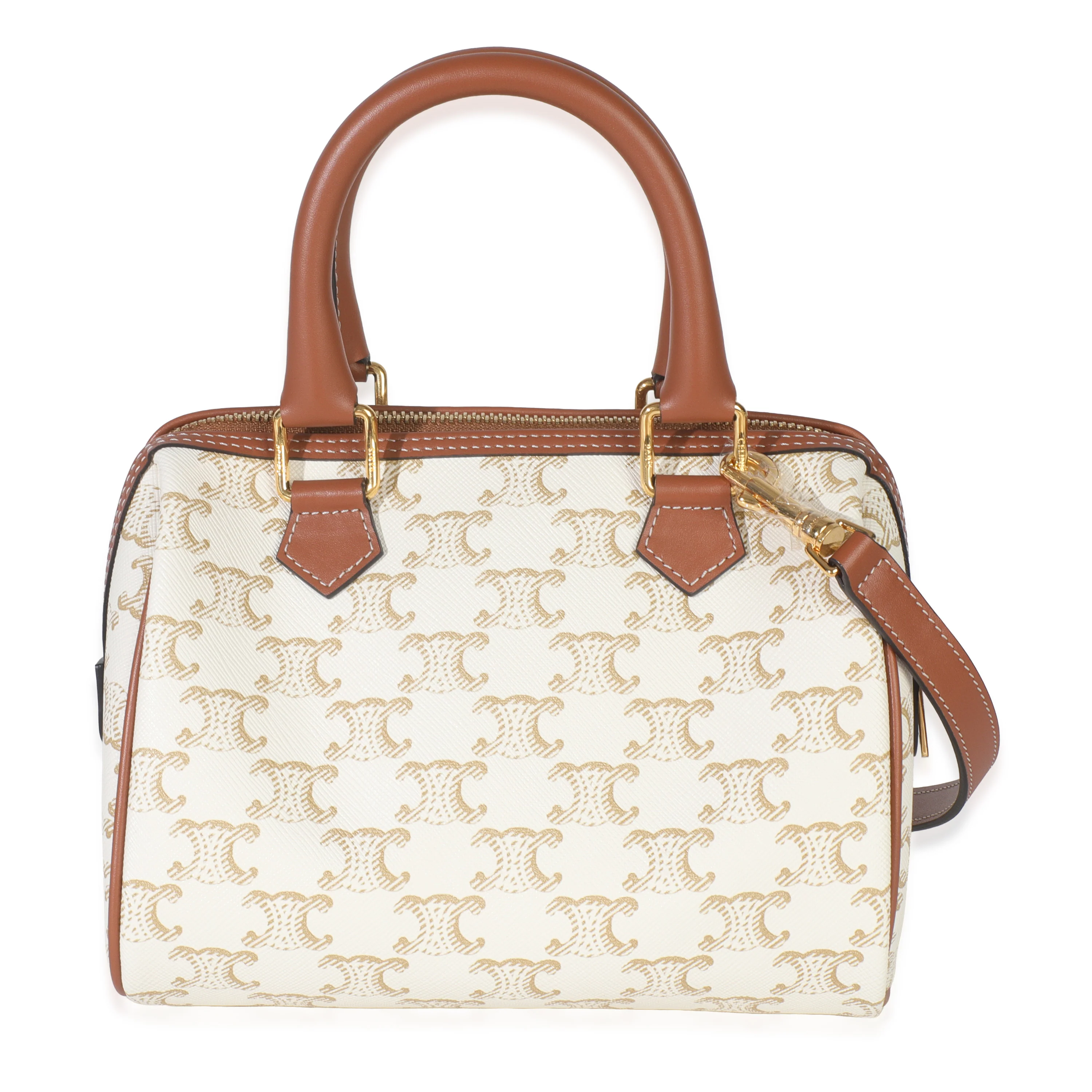 Tan Calfskin White Triomphe Canvas Small Boston Bag - Image 4