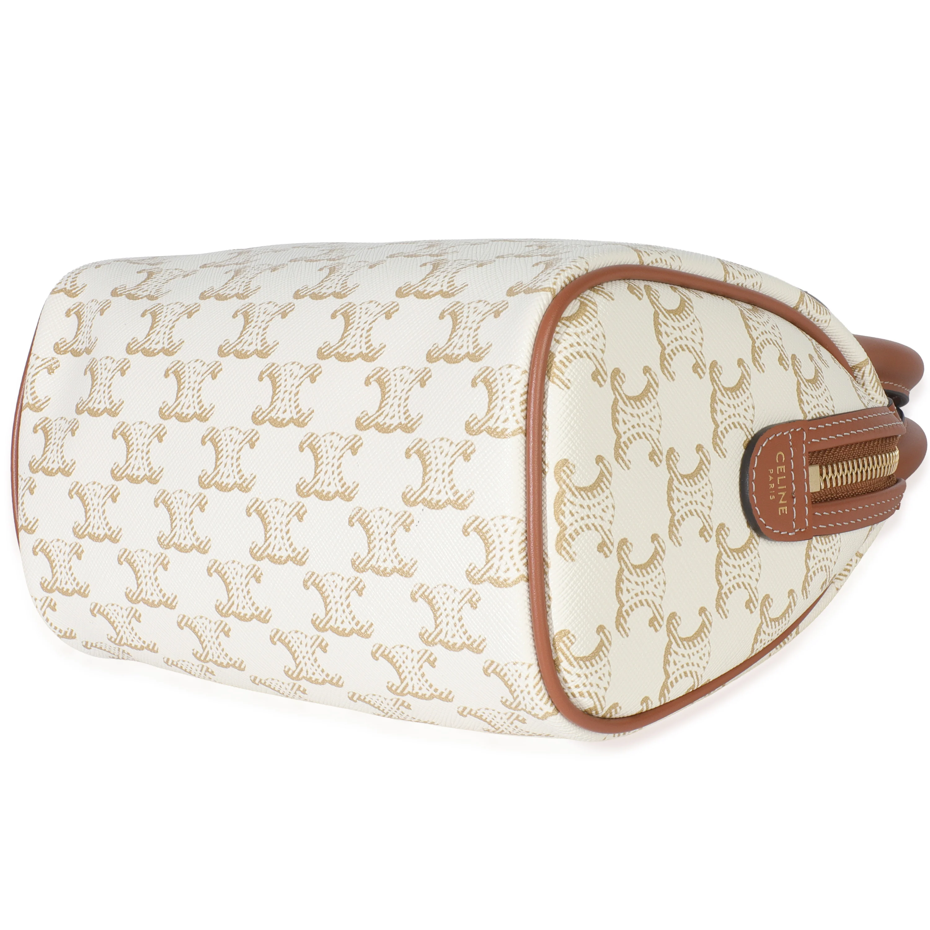 Tan Calfskin White Triomphe Canvas Small Boston Bag - Image 5