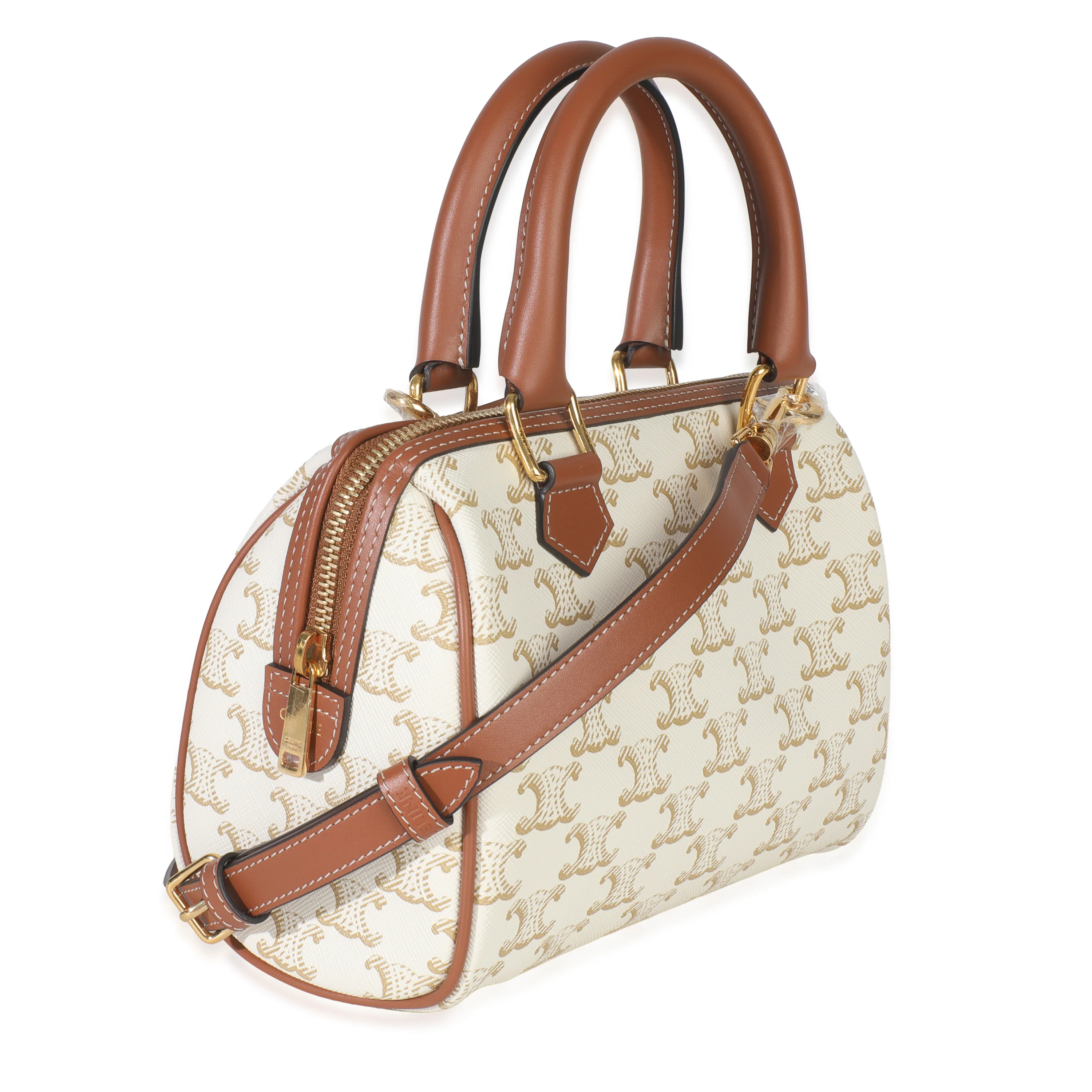 Tan Calfskin White Triomphe Canvas Small Boston Bag - Image 3
