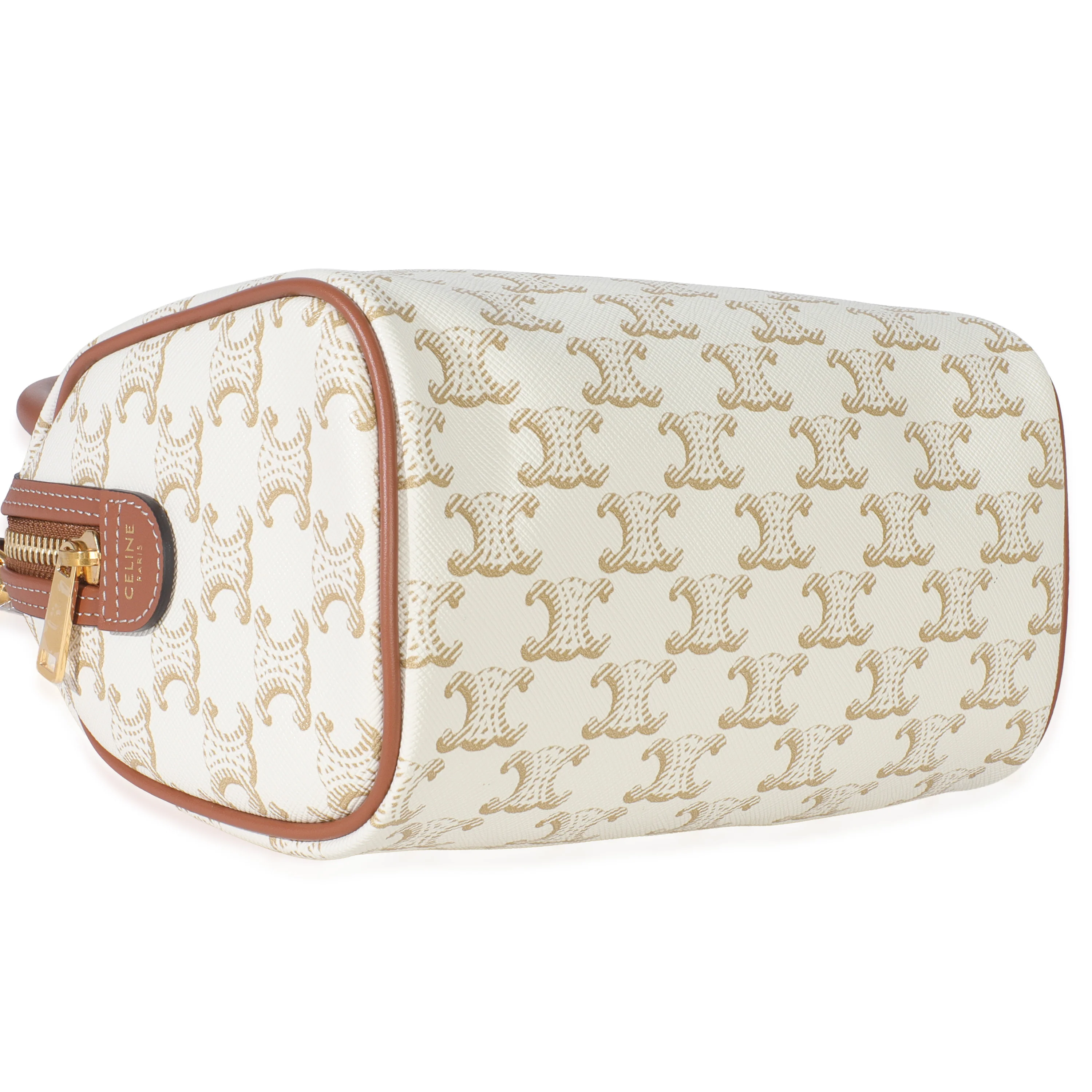 Tan Calfskin White Triomphe Canvas Small Boston Bag - Image 7