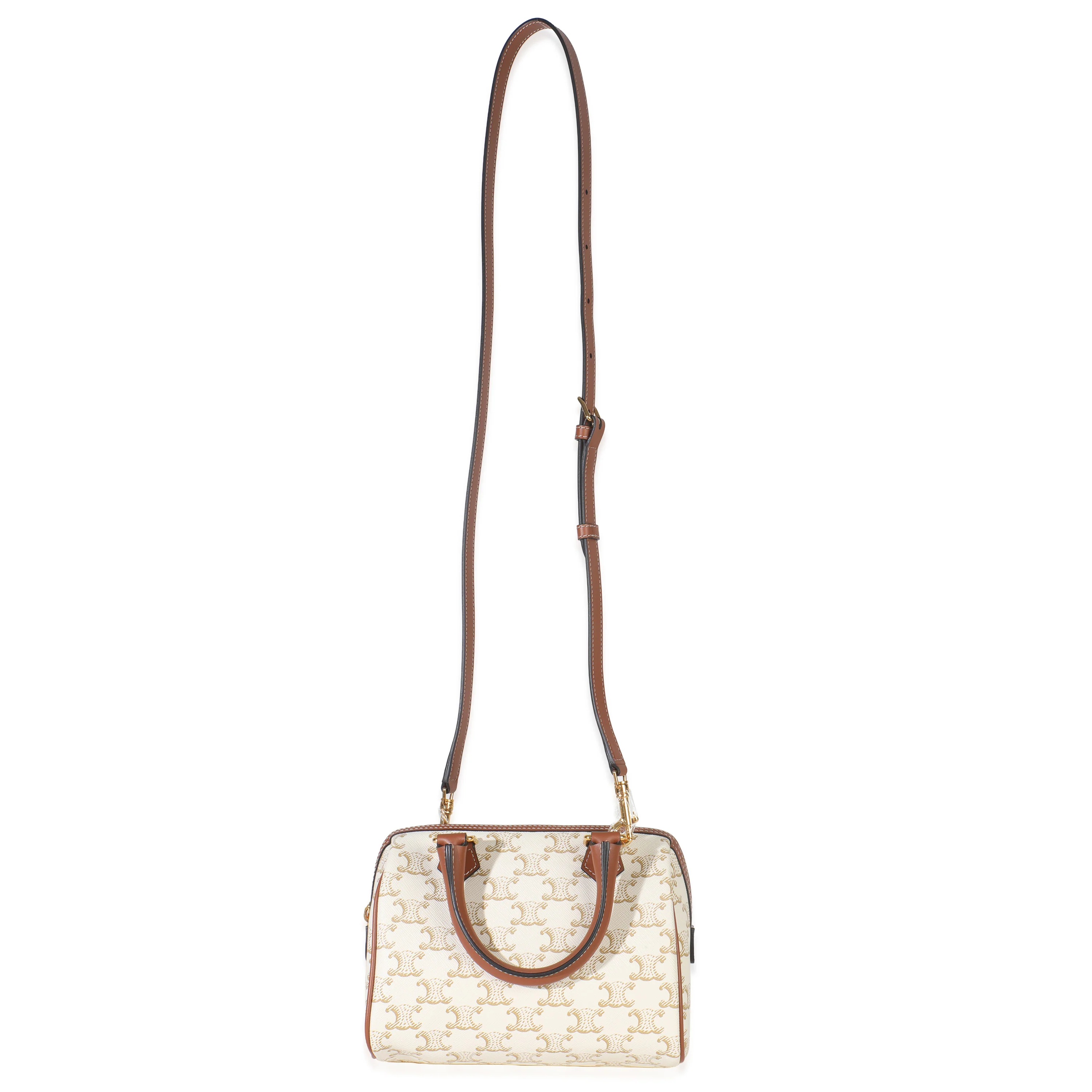 Tan Calfskin White Triomphe Canvas Small Boston Bag - Image 8