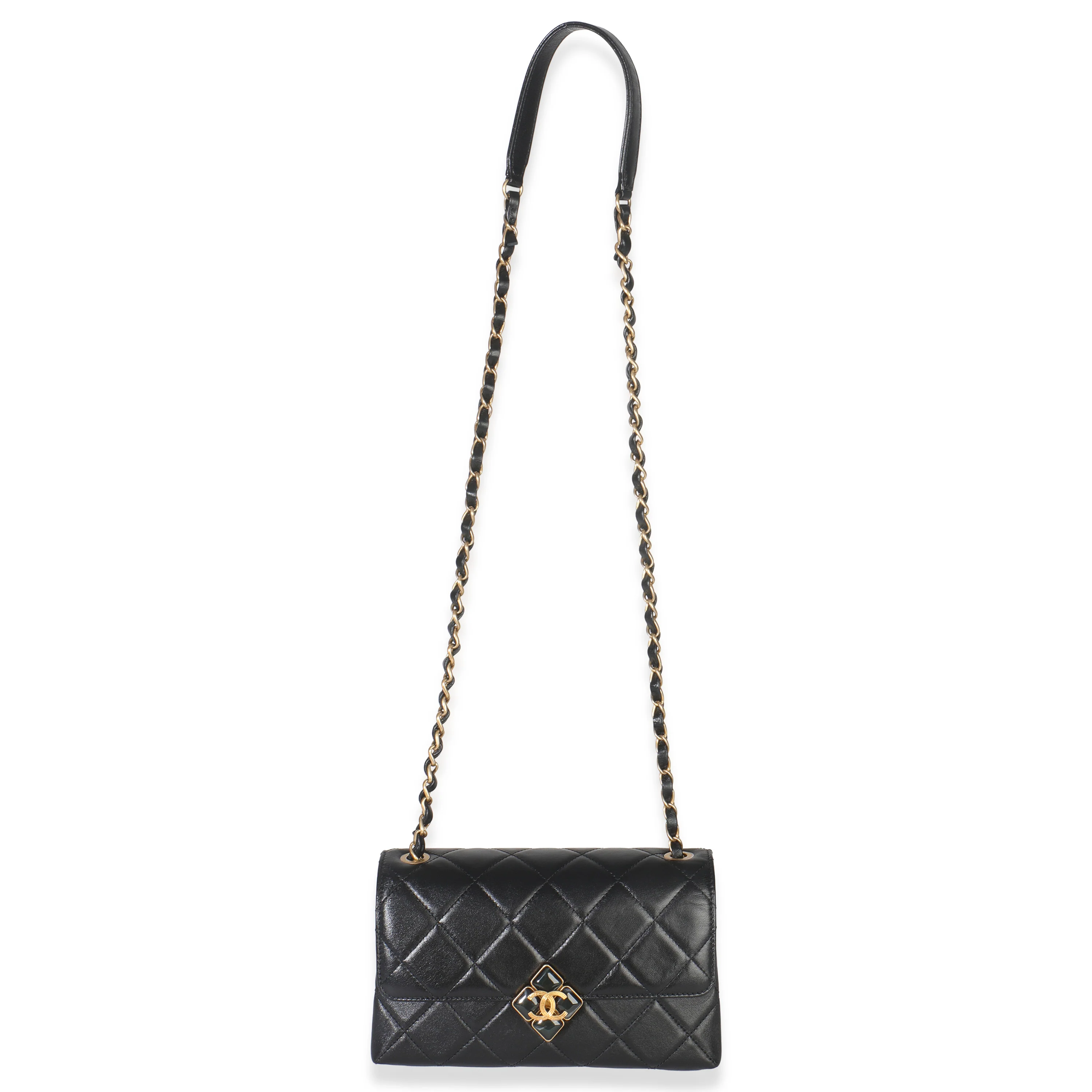 Black Quilted Lambskin Small Diamond Lock Flap Bag - Image 8