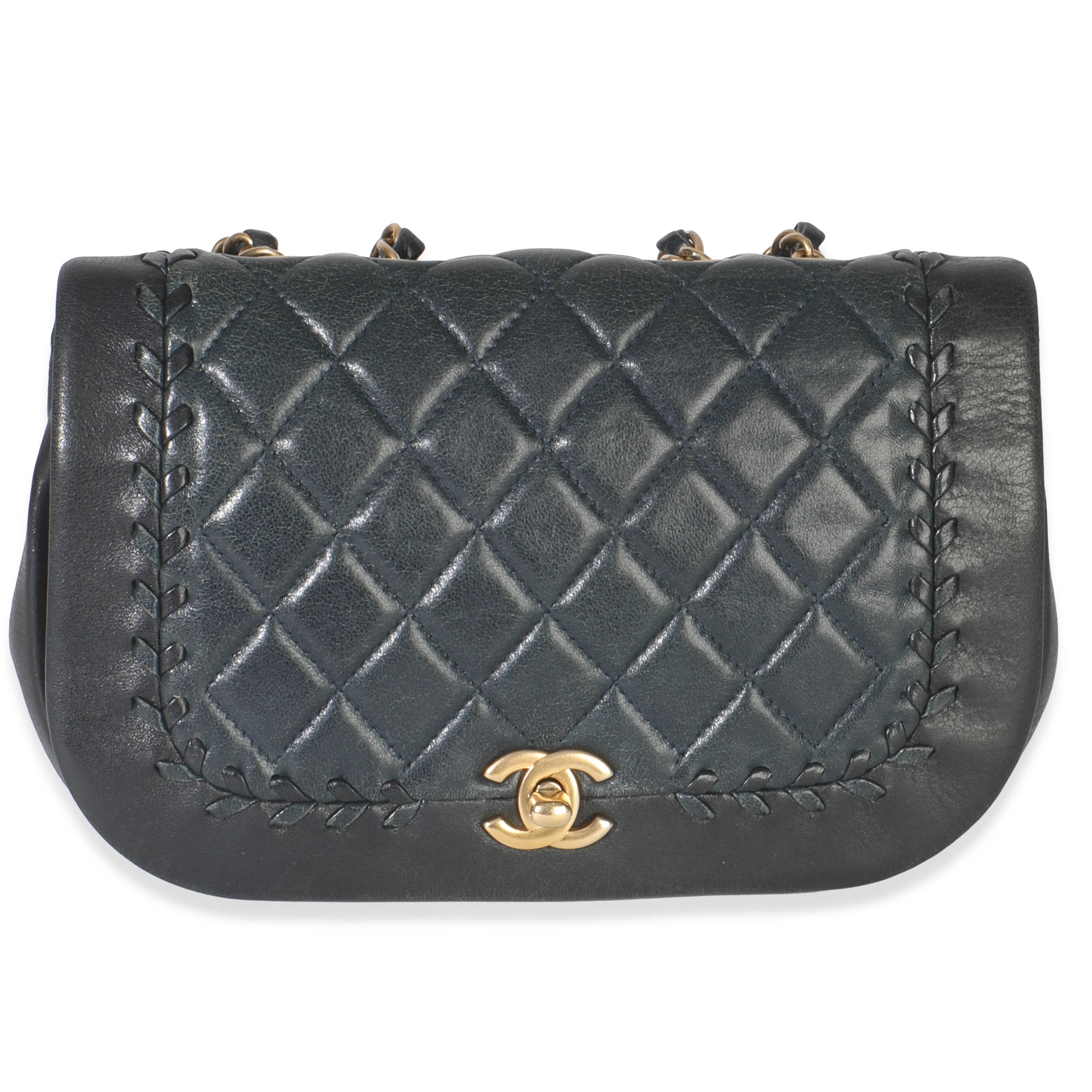 Black Quilted Lambskin CC Braided Saddle Flap Bag