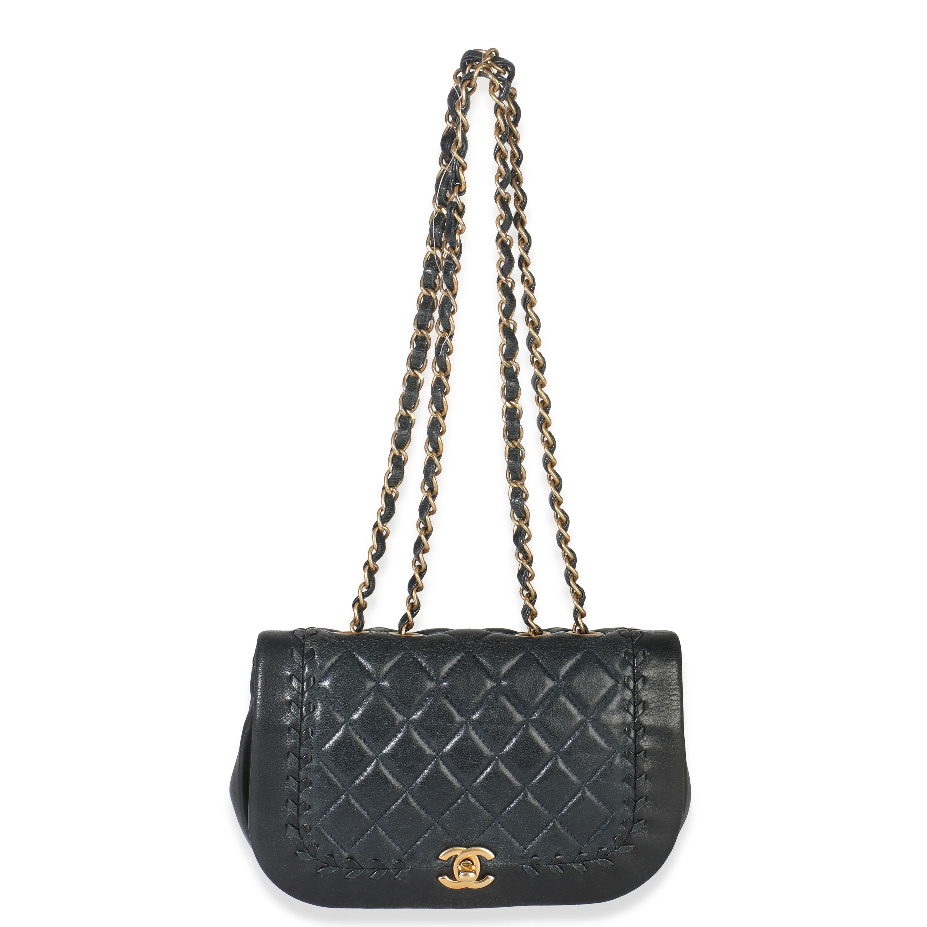 Black Quilted Lambskin CC Braided Saddle Flap Bag - Image 10