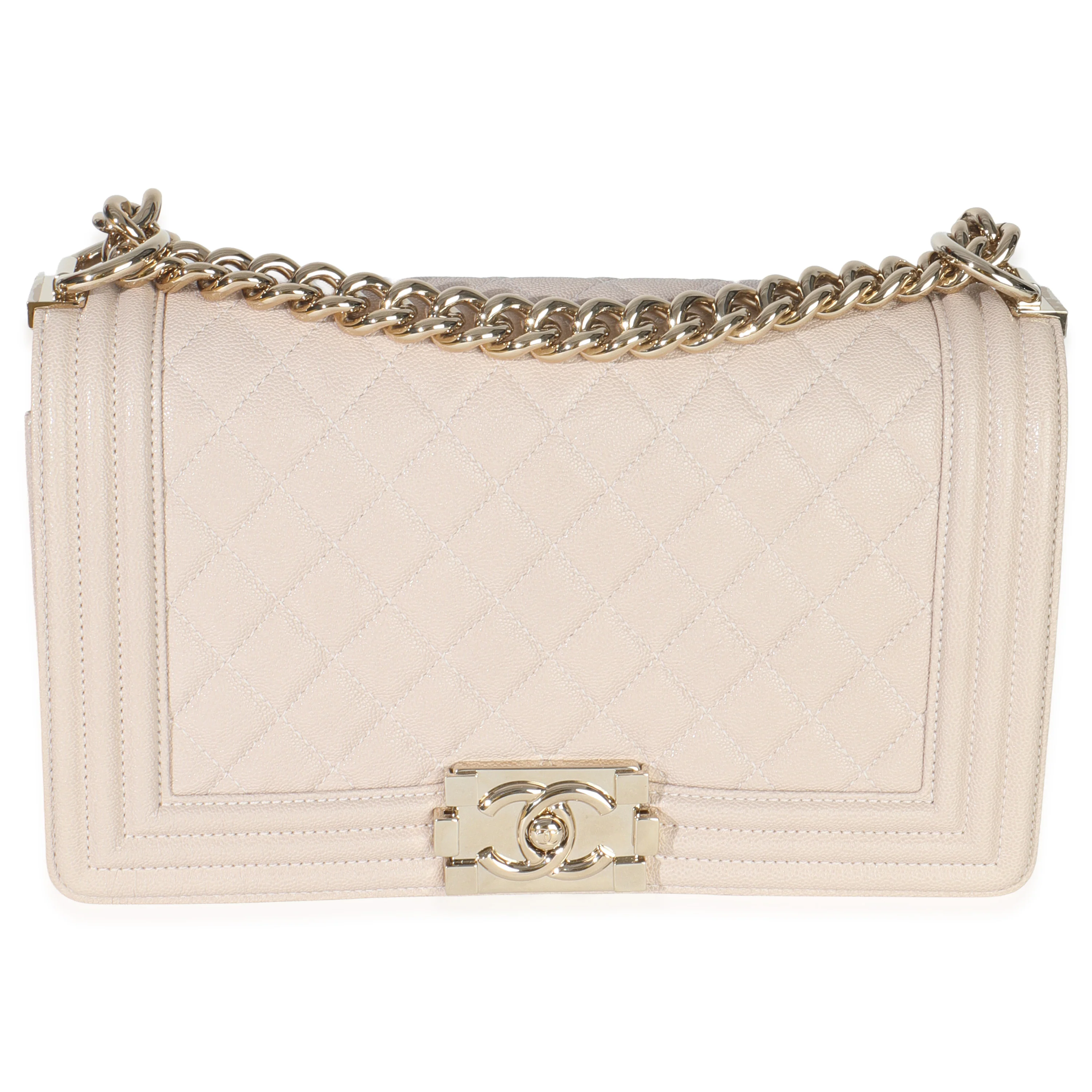 Beige Quilted Caviar Medium Boy Handbag