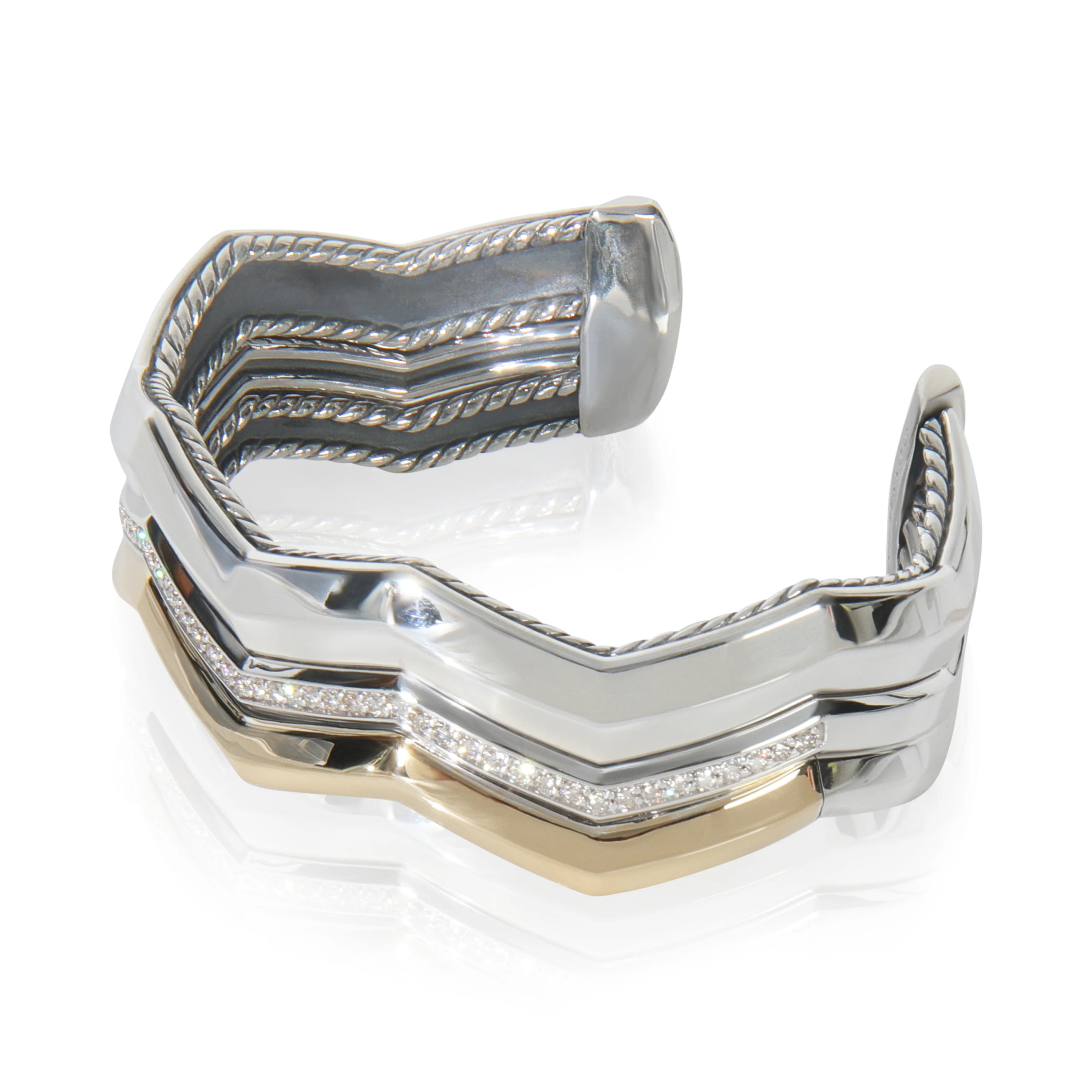 Yellow Gold & Sterling Silver Diamond Zigzag Stax 3 Row Cuff Bracel - Image 2