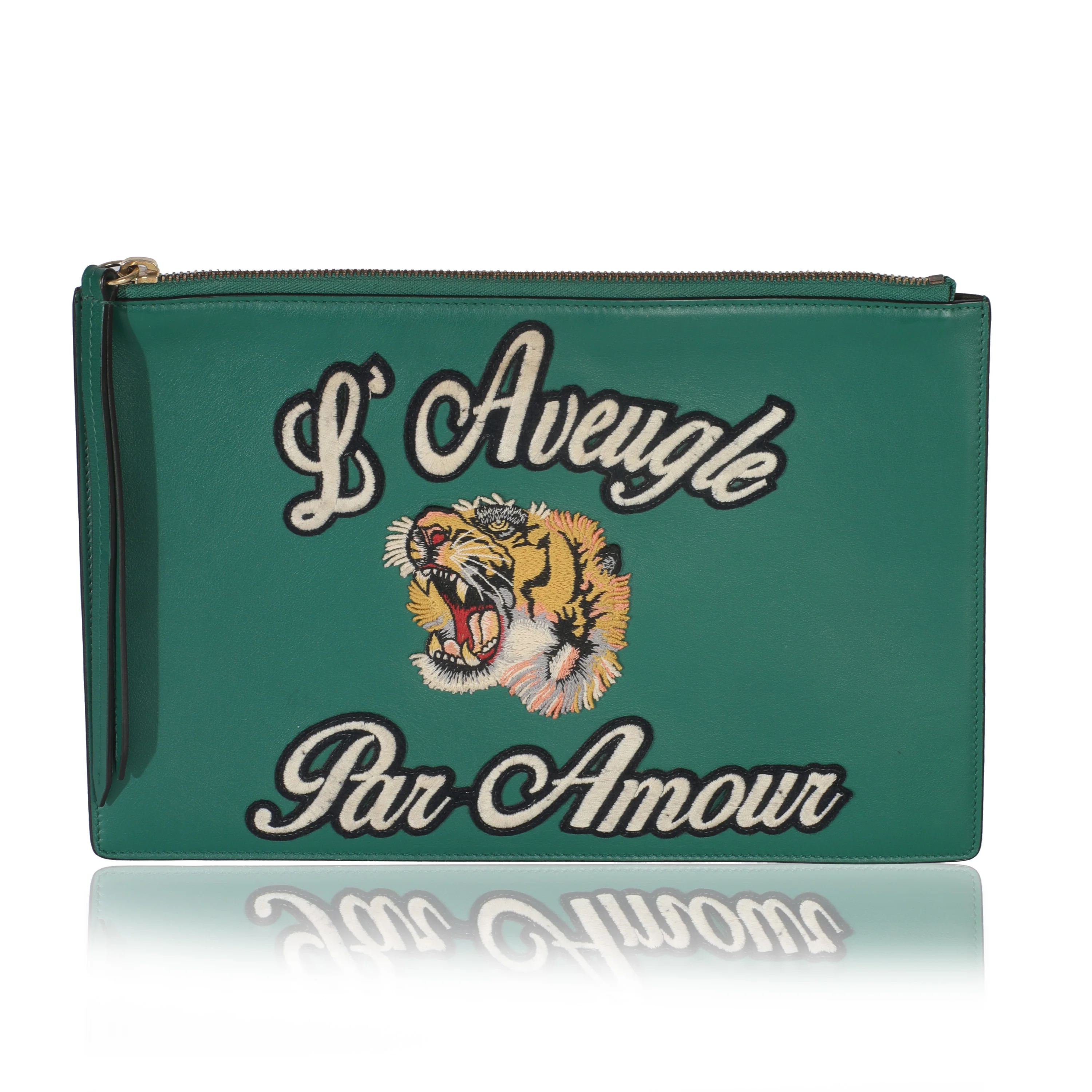 Green Leather Tiger Embroidery Clutch