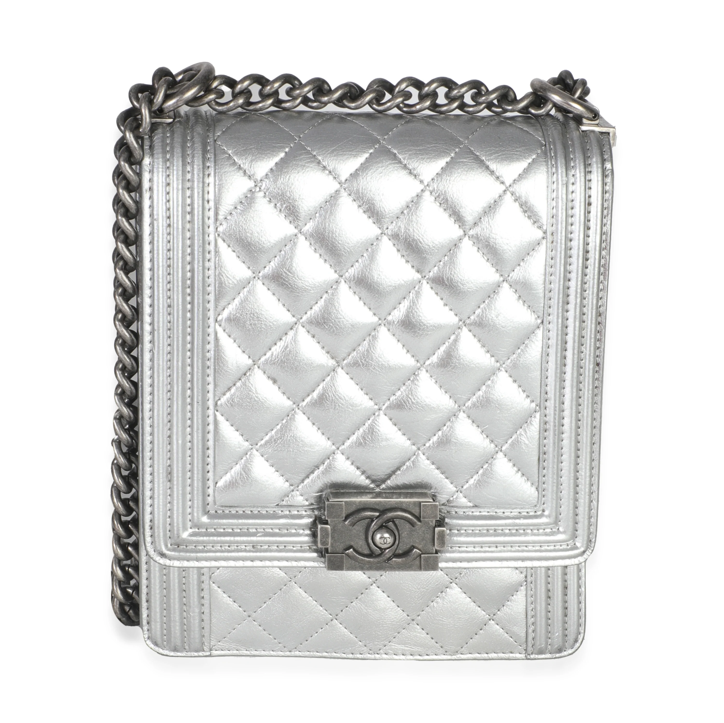 Silver Quilted Crinkled Goatskin North South Boy Bag