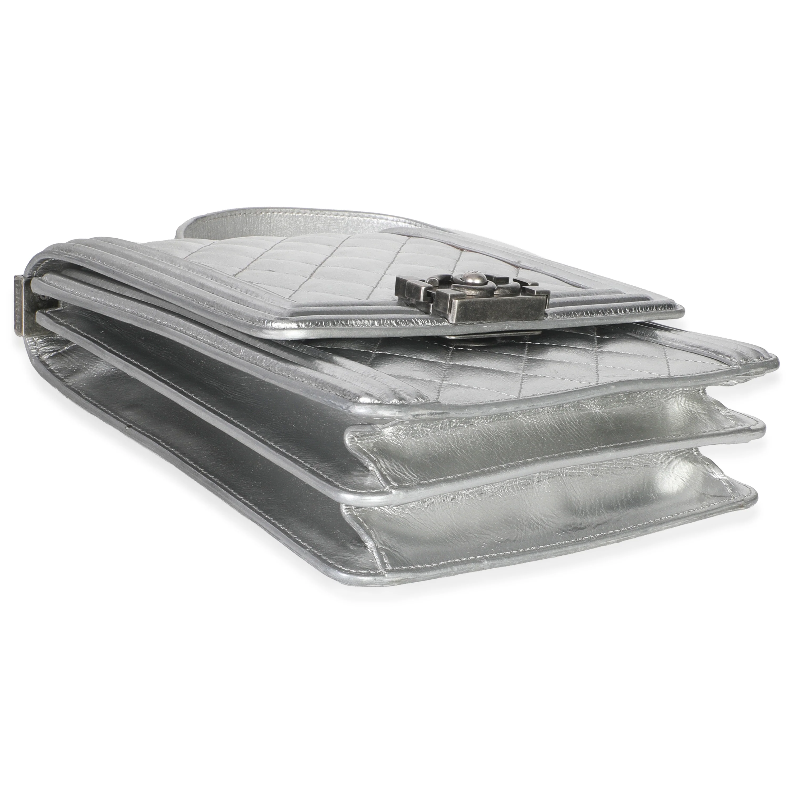 Silver Quilted Crinkled Goatskin North South Boy Bag - Image 6