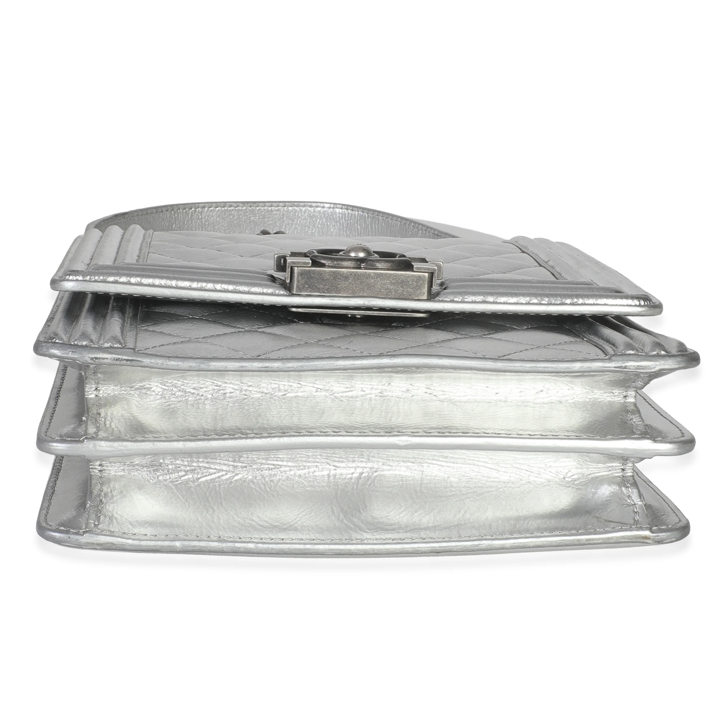 Silver Quilted Crinkled Goatskin North South Boy Bag - Image 8