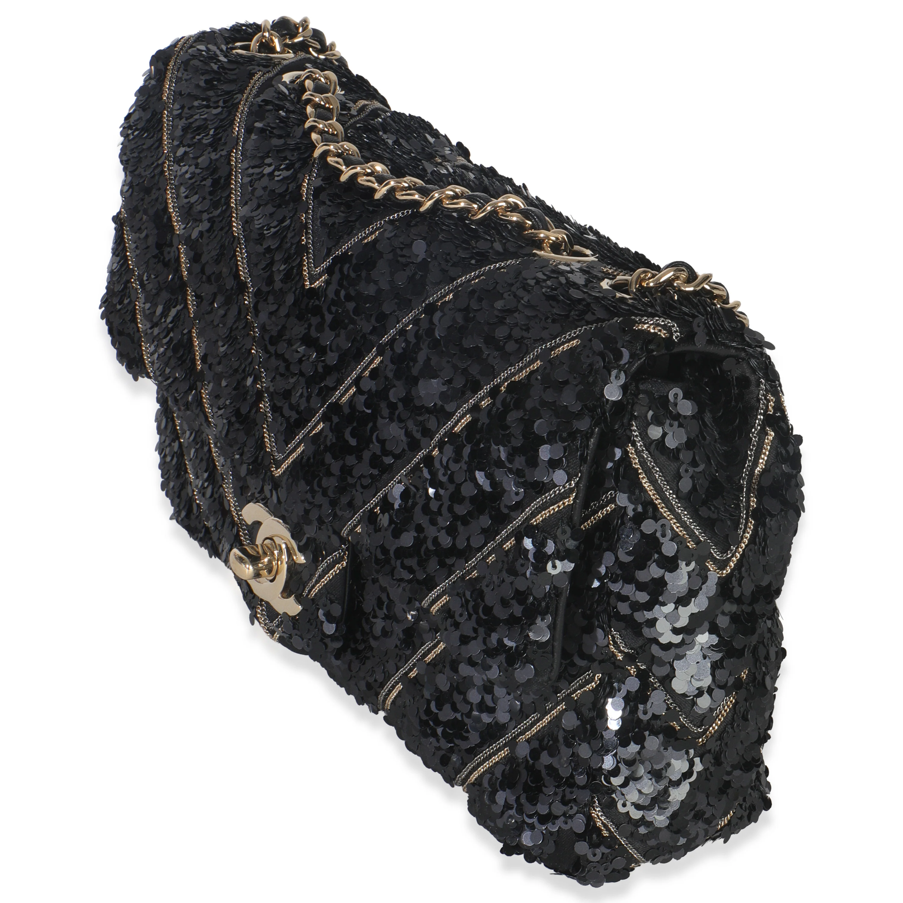 Black Silk Sequin Chain Chevron Mini Single Flap Bag - Image 2