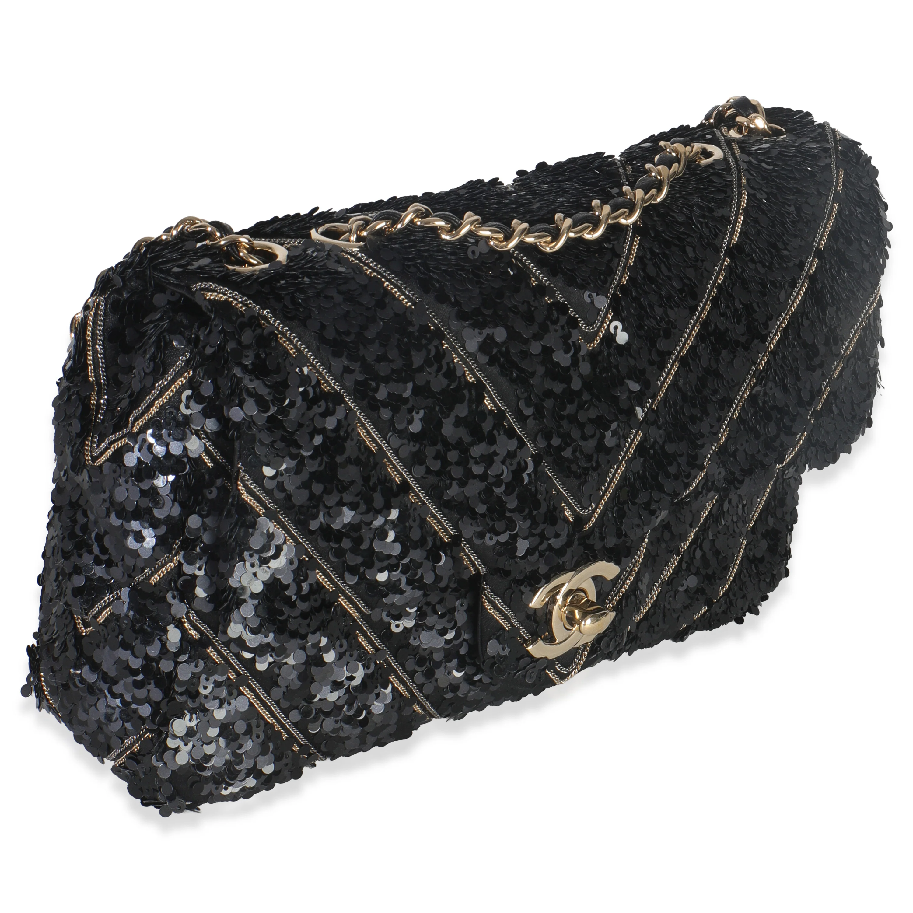 Black Silk Sequin Chain Chevron Mini Single Flap Bag - Image 3