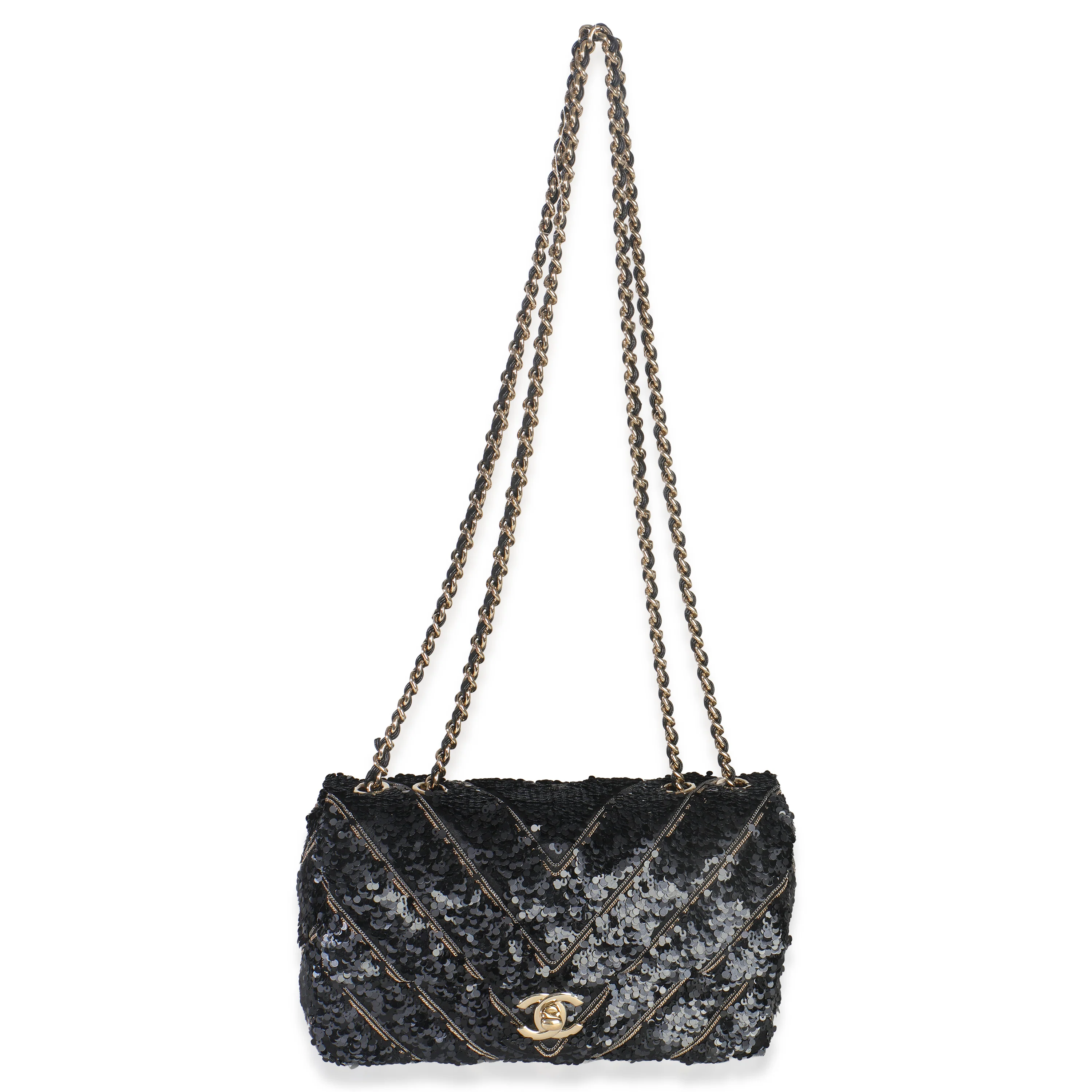 Black Silk Sequin Chain Chevron Mini Single Flap Bag - Image 8