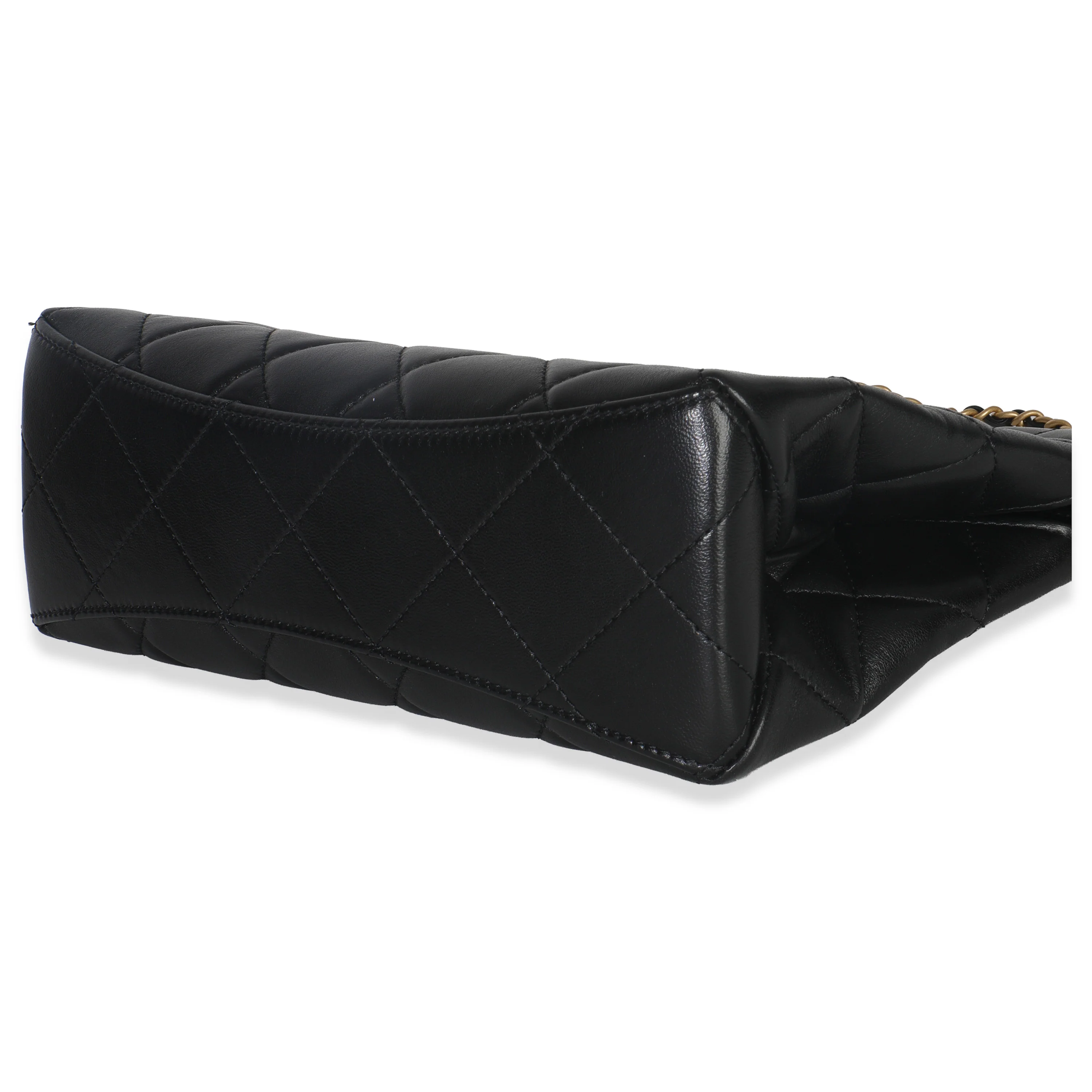 25P Black Shiny Quilted Lambskin Pearl Small Shopping Bag - Image 7