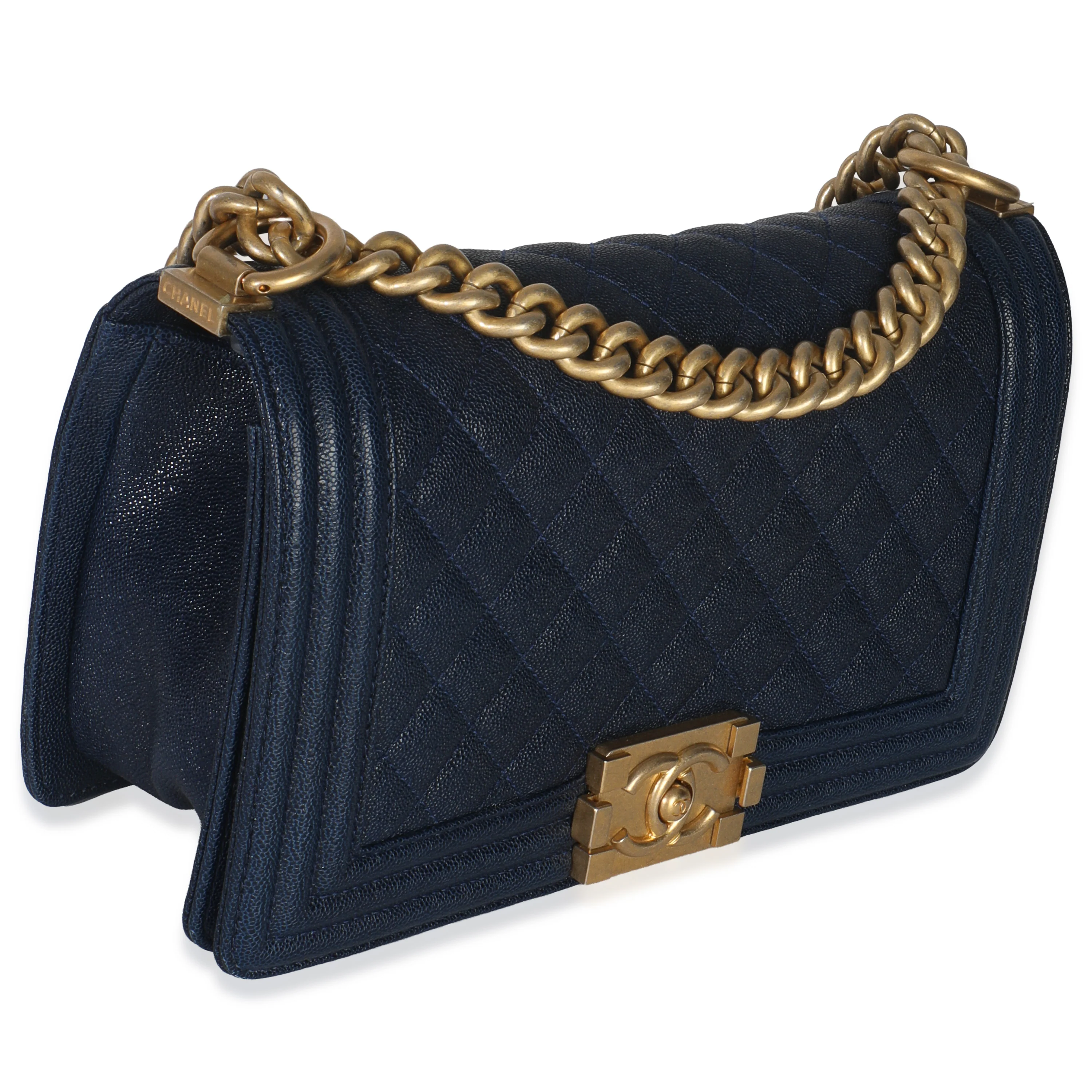 Navy Quilted Caviar Old Medium Boy Handbag - Image 3