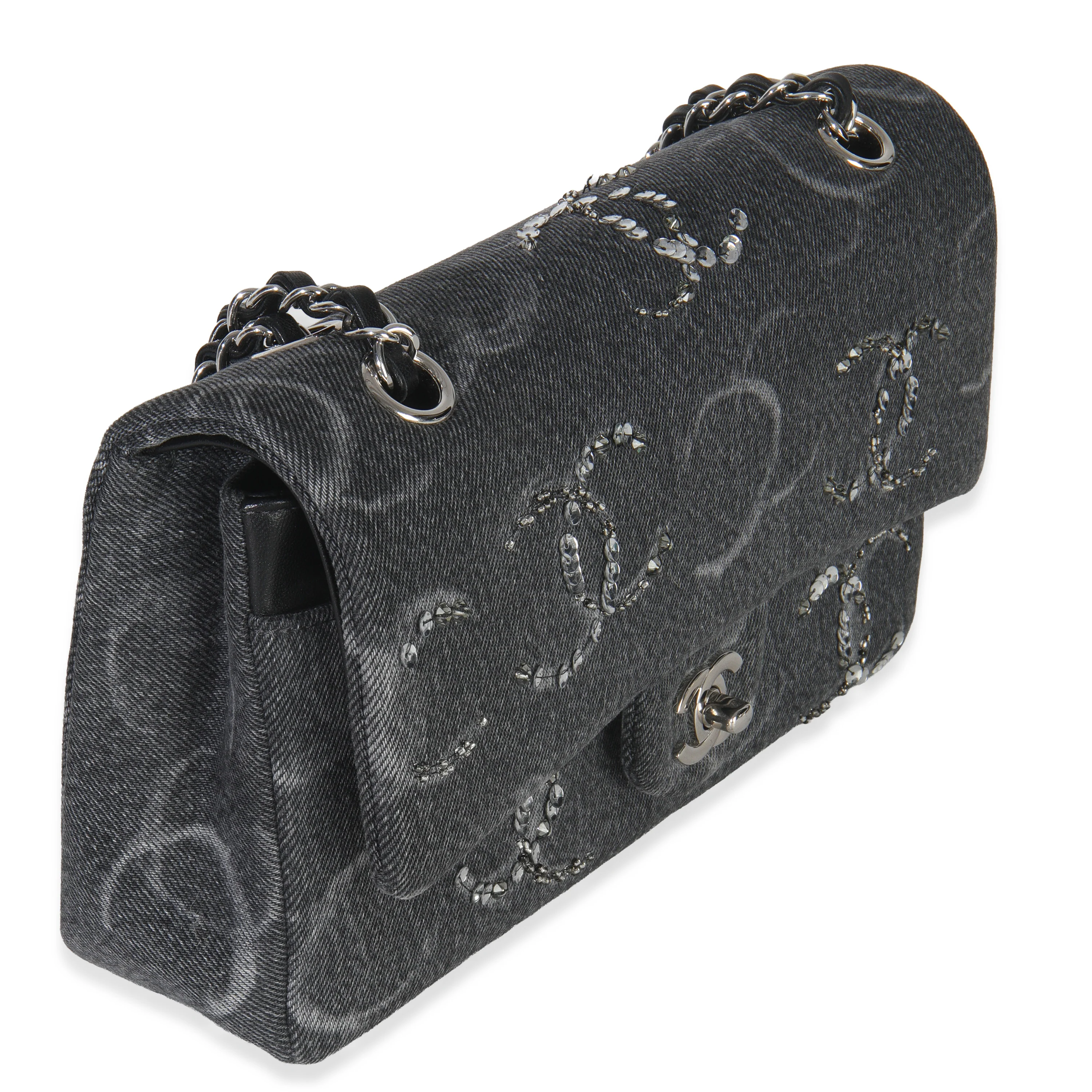 Black Denim Sequin CC Medium Classic Double Flap Bag - Image 3
