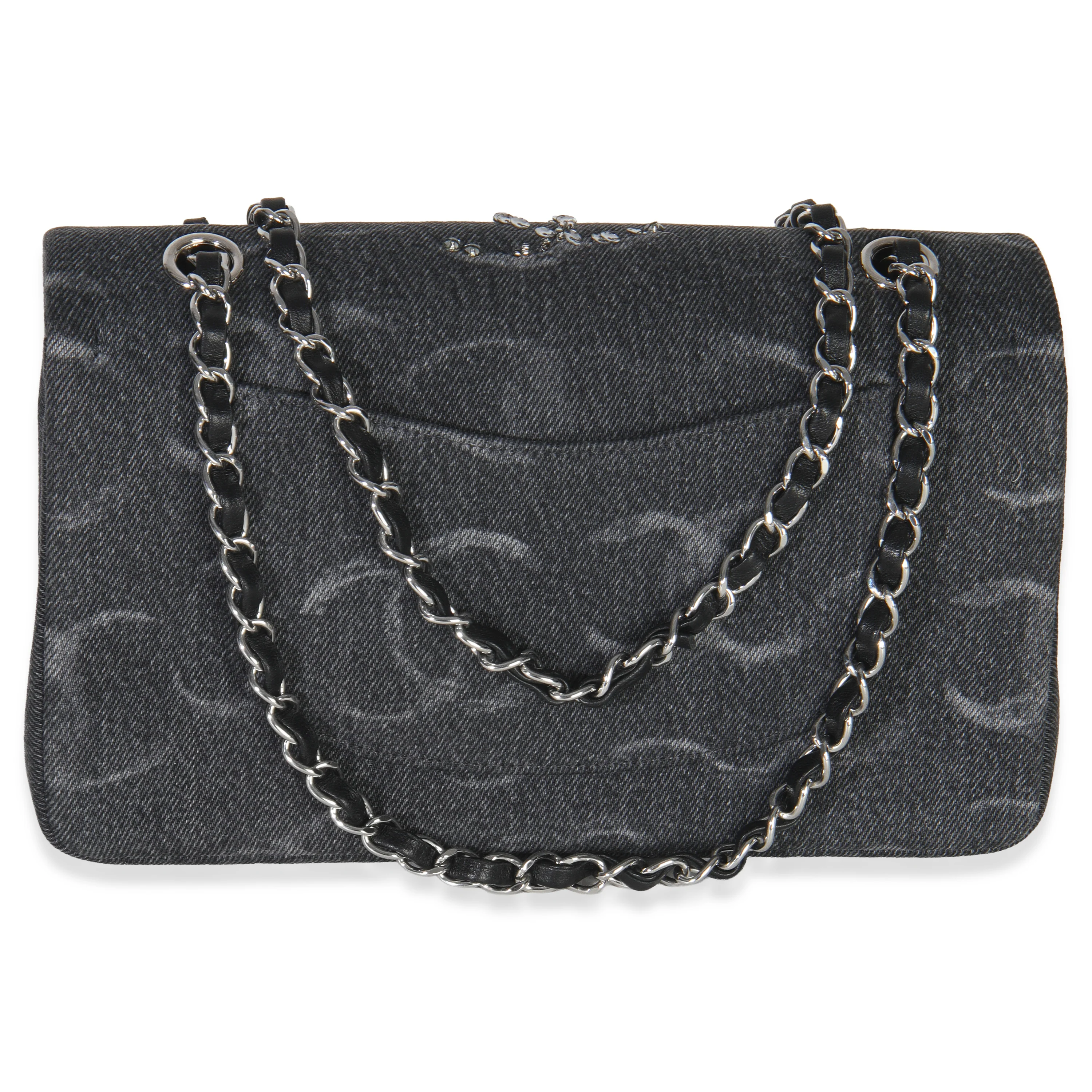 Black Denim Sequin CC Medium Classic Double Flap Bag - Image 4