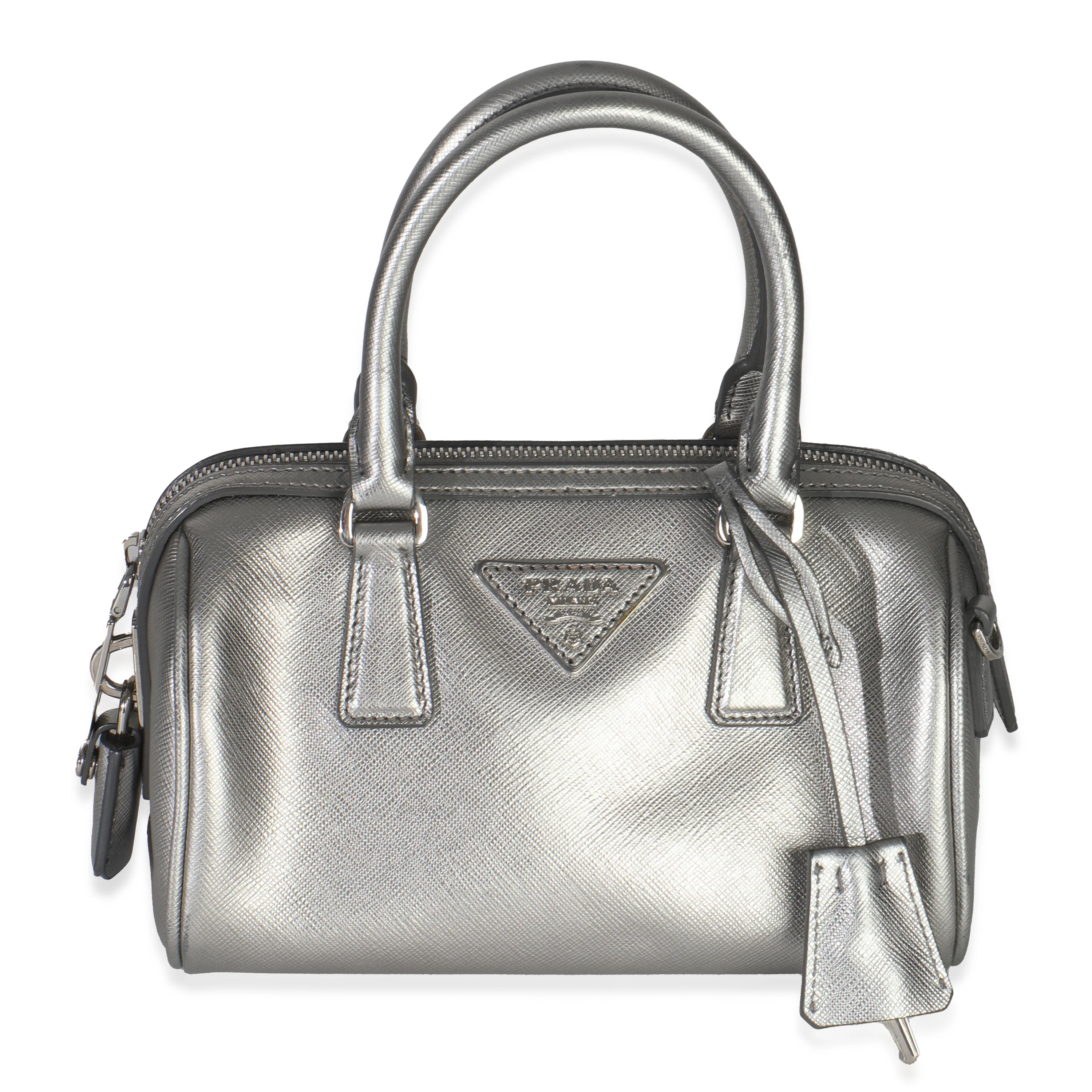 Silver Saffiano Lux Small Bauletto Bag