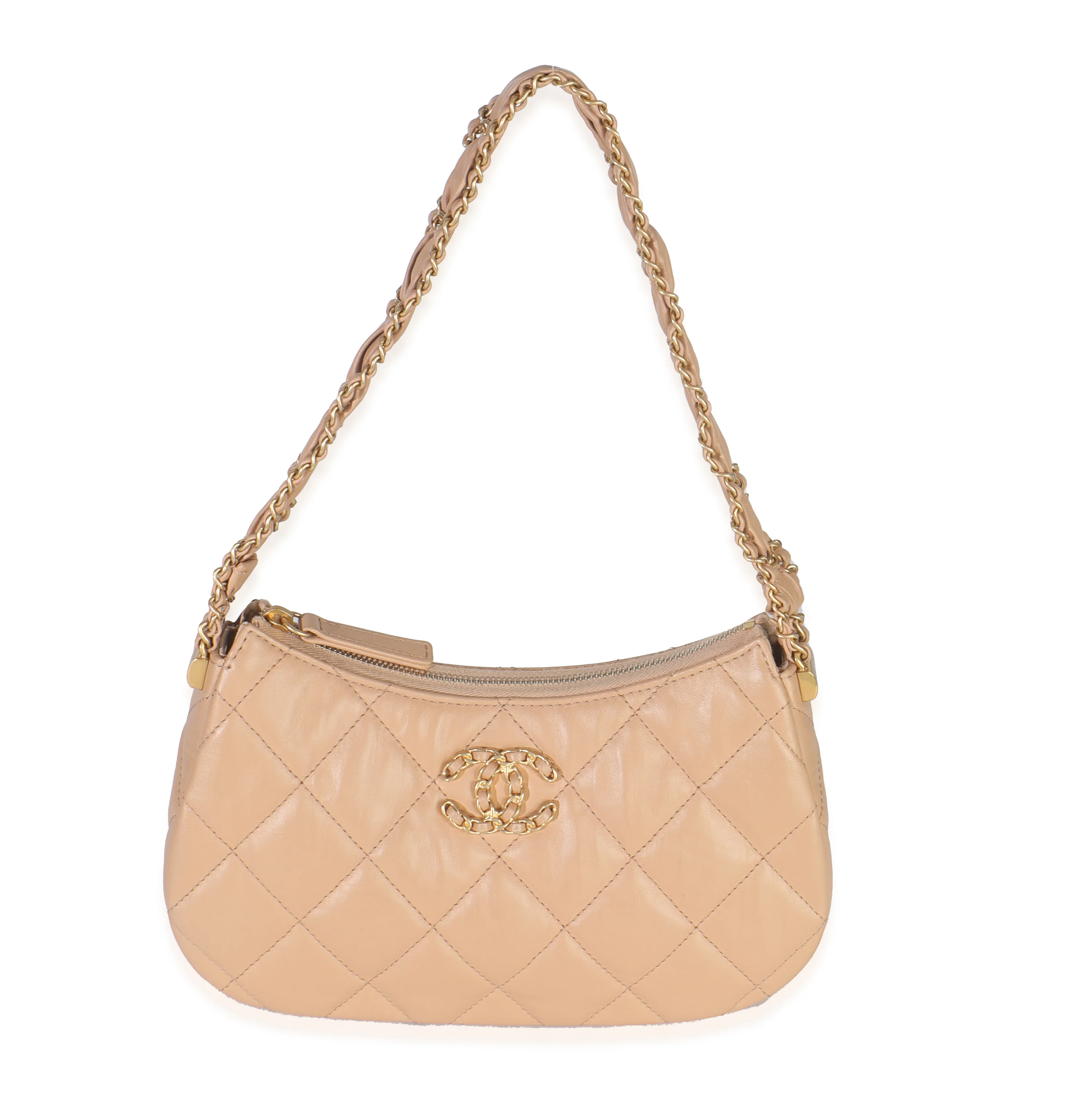 Beige Quilted Calfskin Aged Small Chanel 19 Hobo