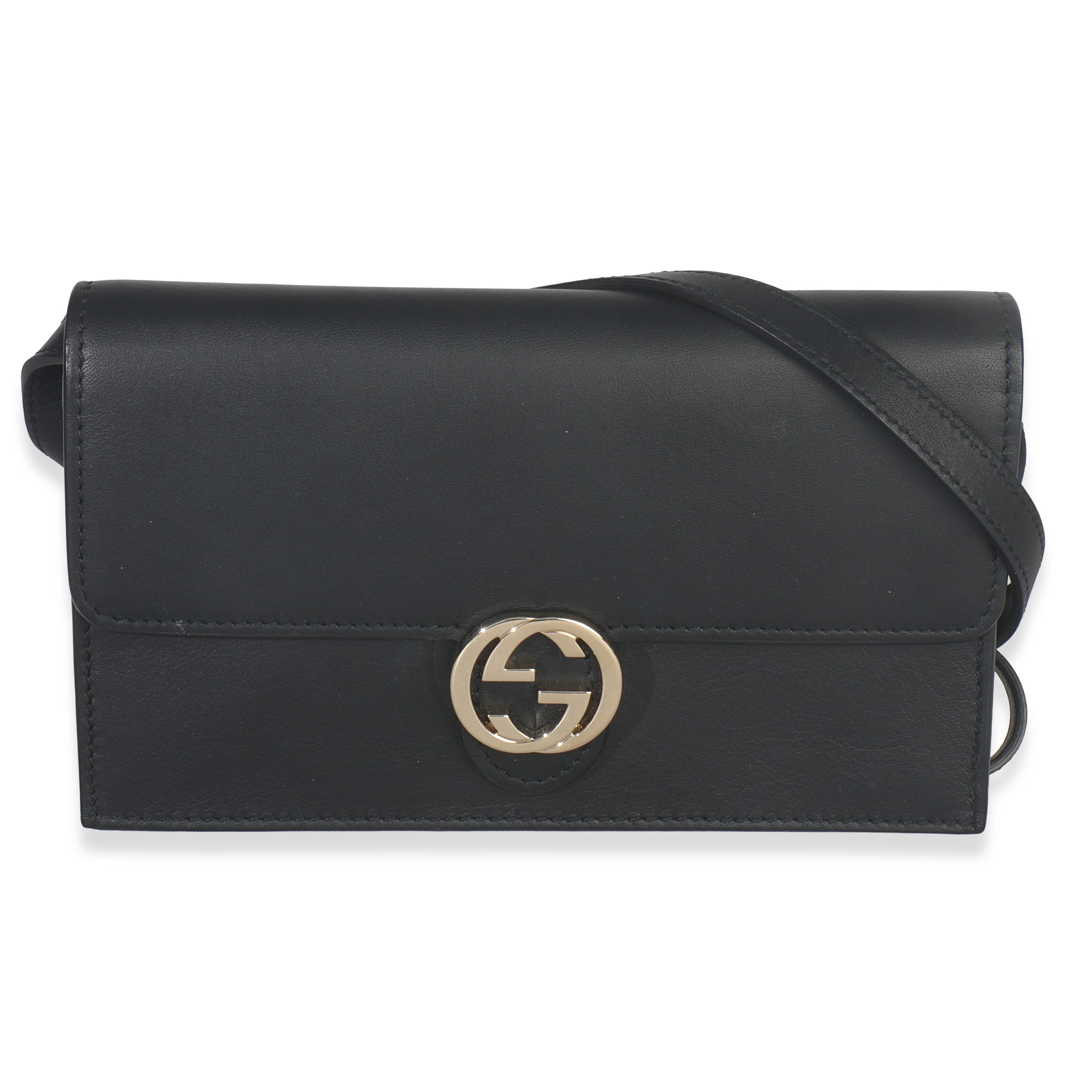 Black Smooth Calfskin Interlocking G Wallet On Strap