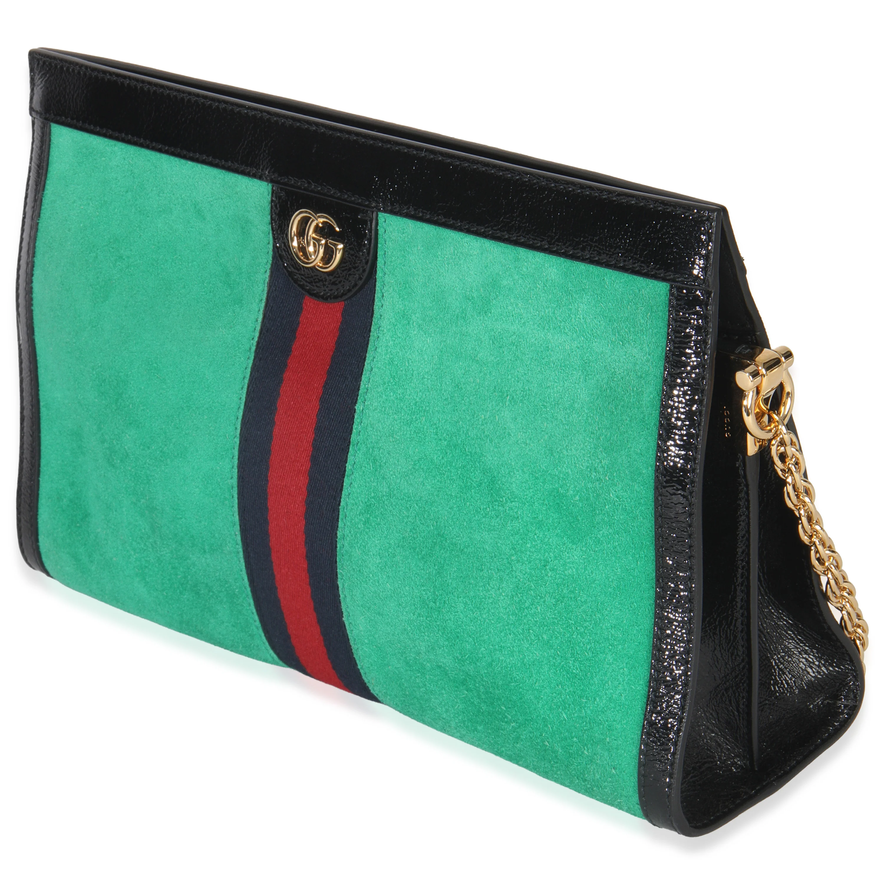 Green Suede Patent Web Medium Ophidia Chain Shoulder Bag - Image 2