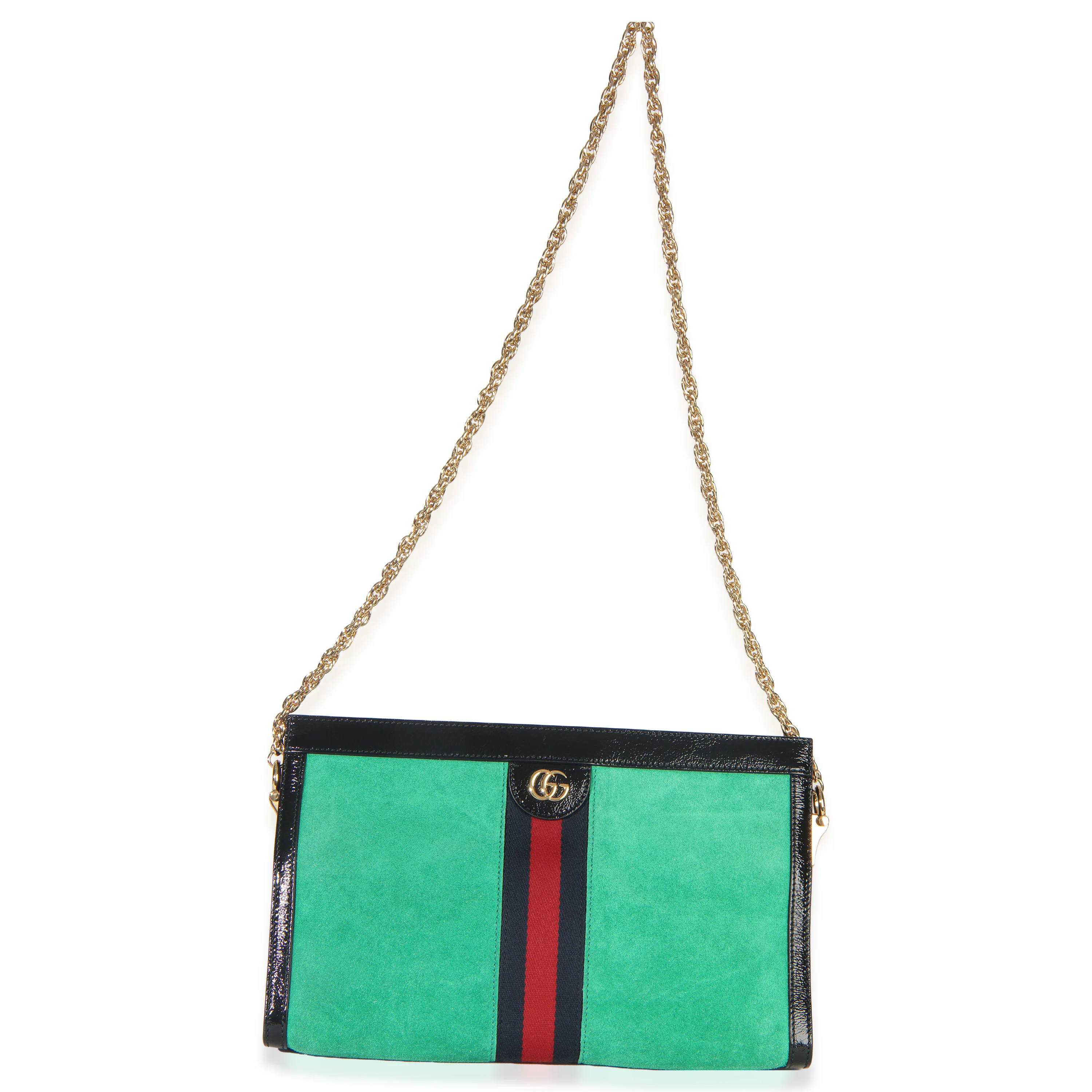Green Suede Patent Web Medium Ophidia Chain Shoulder Bag - Image 8