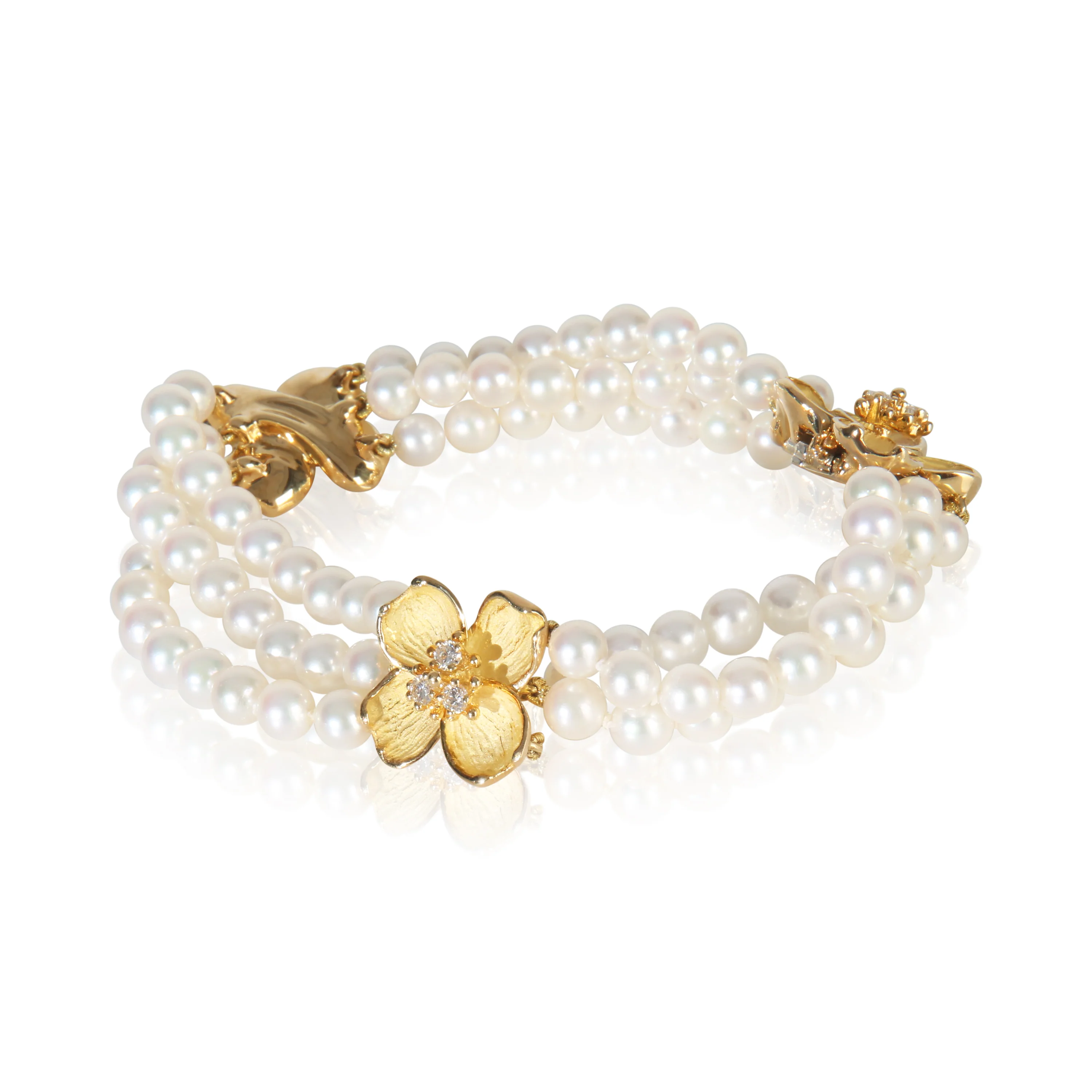 Yellow Gold Diamond Dogwood Pearl Bracelet - Image 2