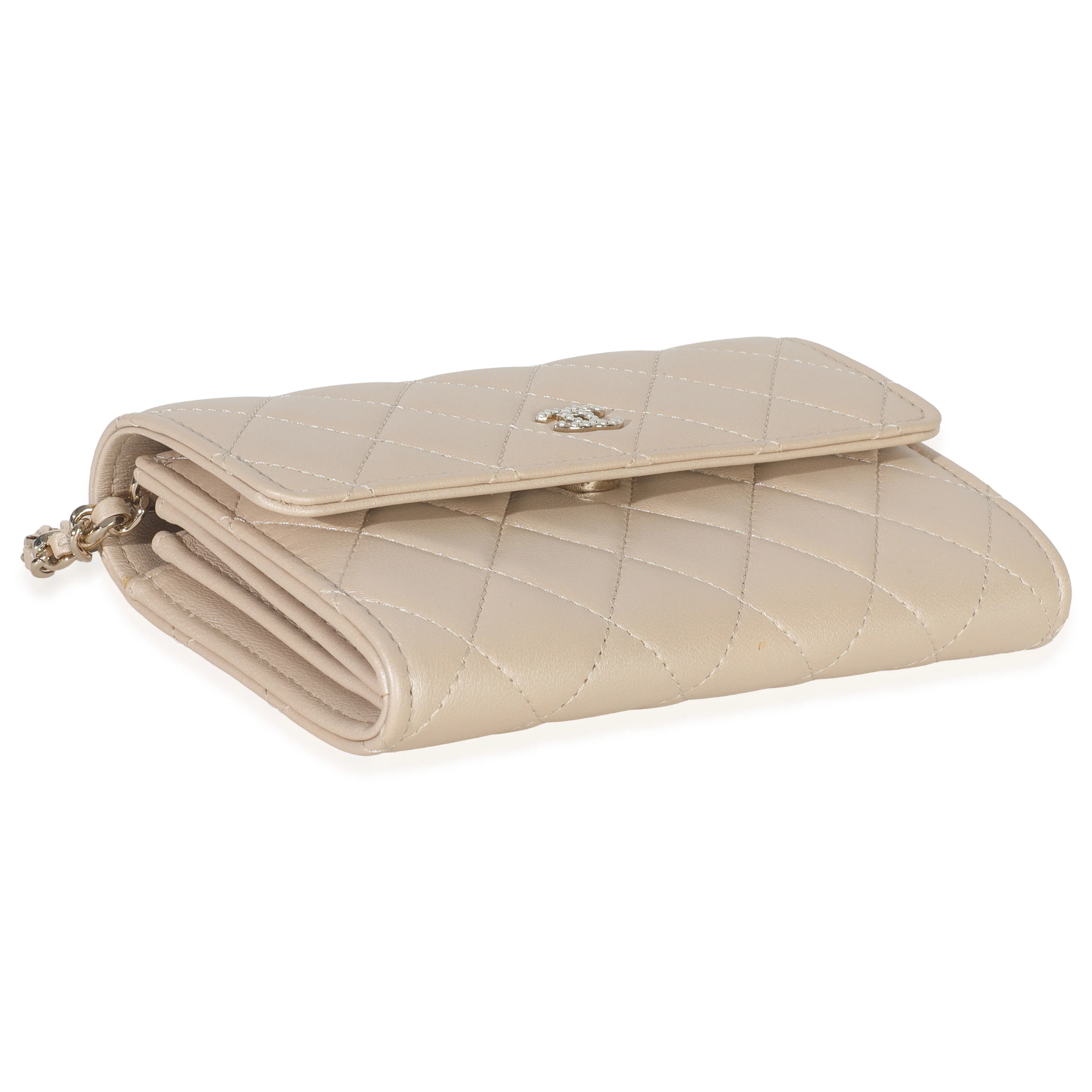 Beige Iridescent Quilted Lambskin Paris Hamburg Pearl Clutch With Chain - Image 5