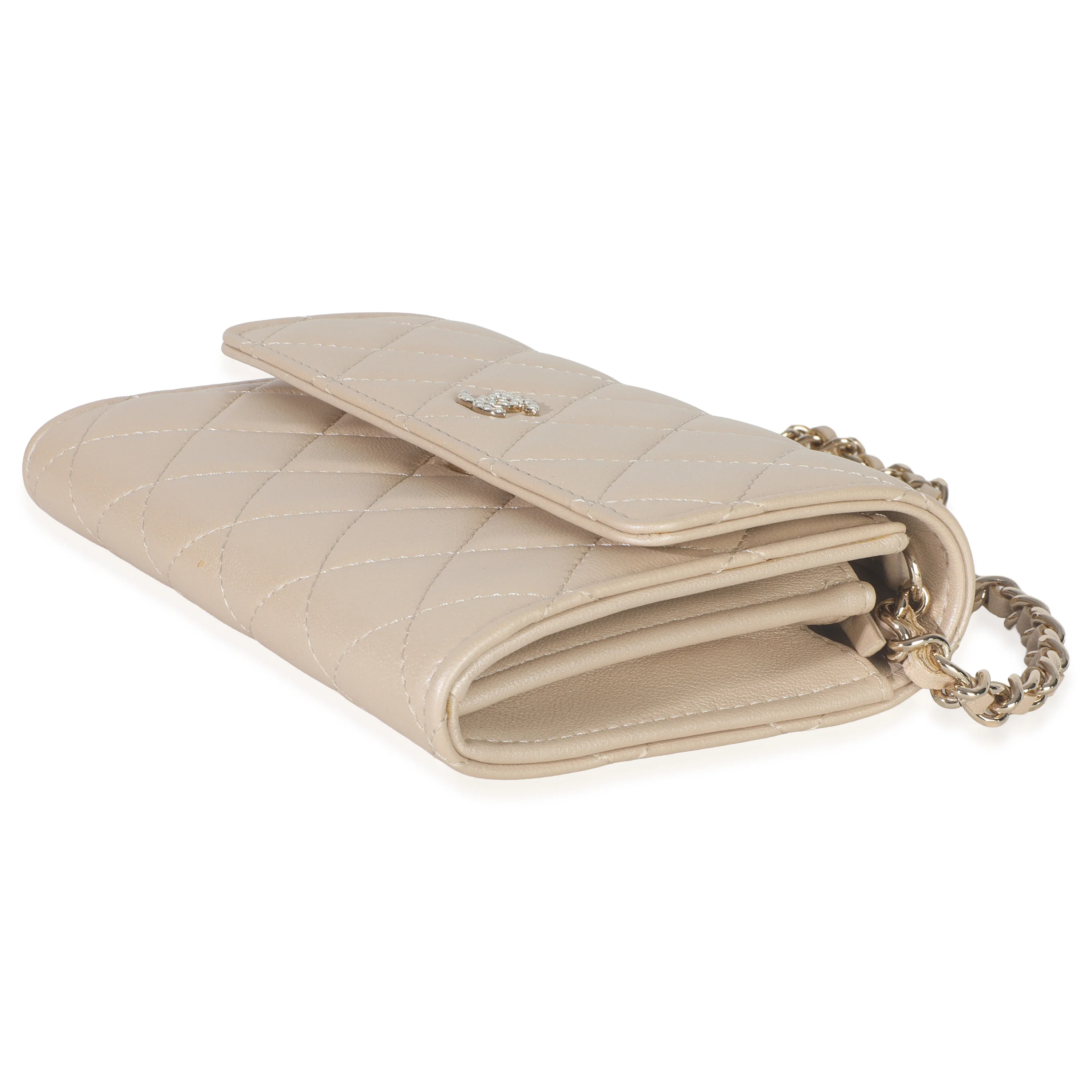 Beige Iridescent Quilted Lambskin Paris Hamburg Pearl Clutch With Chain - Image 6