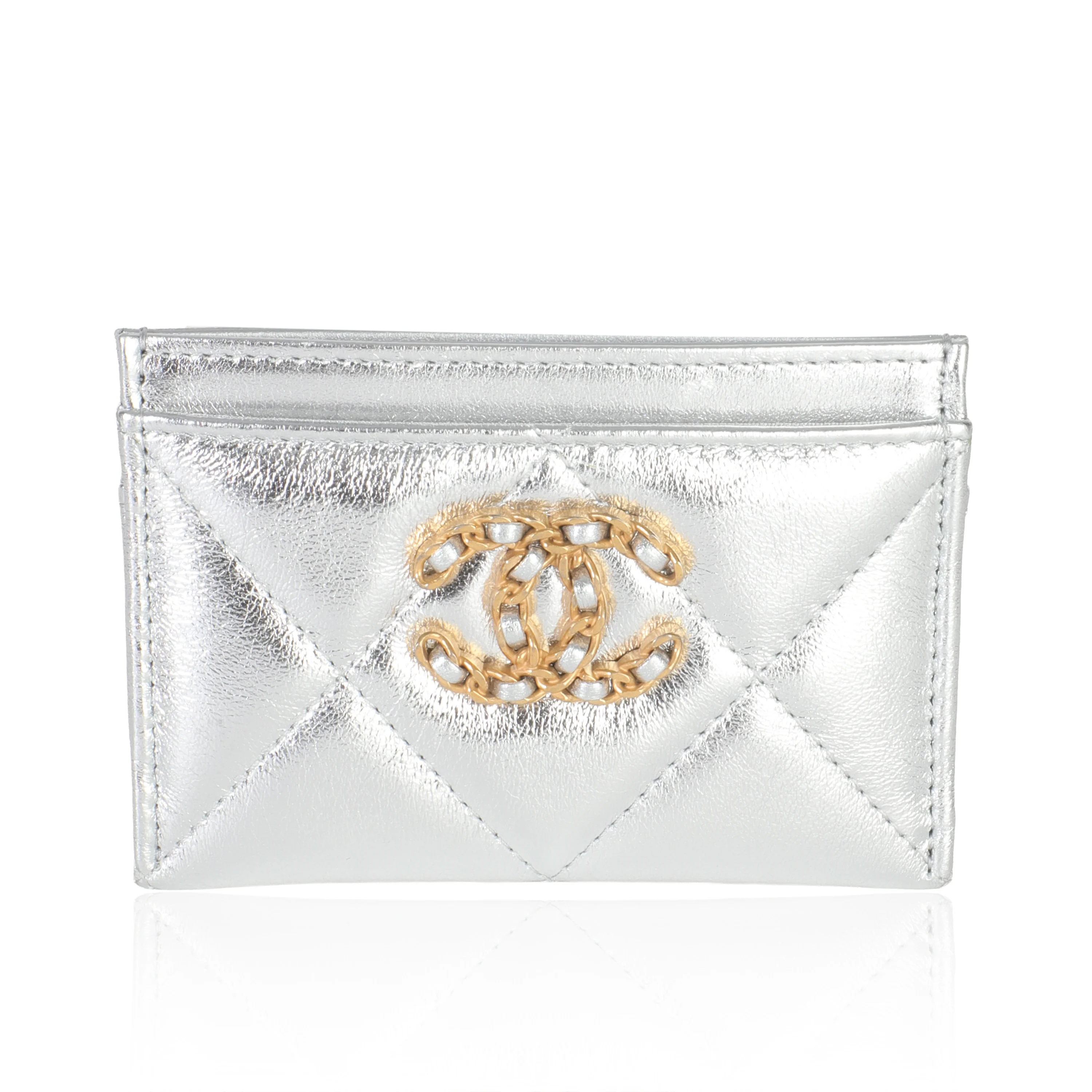 Silver Metallic Quilted Lambskin Chanel 19 Card Holder