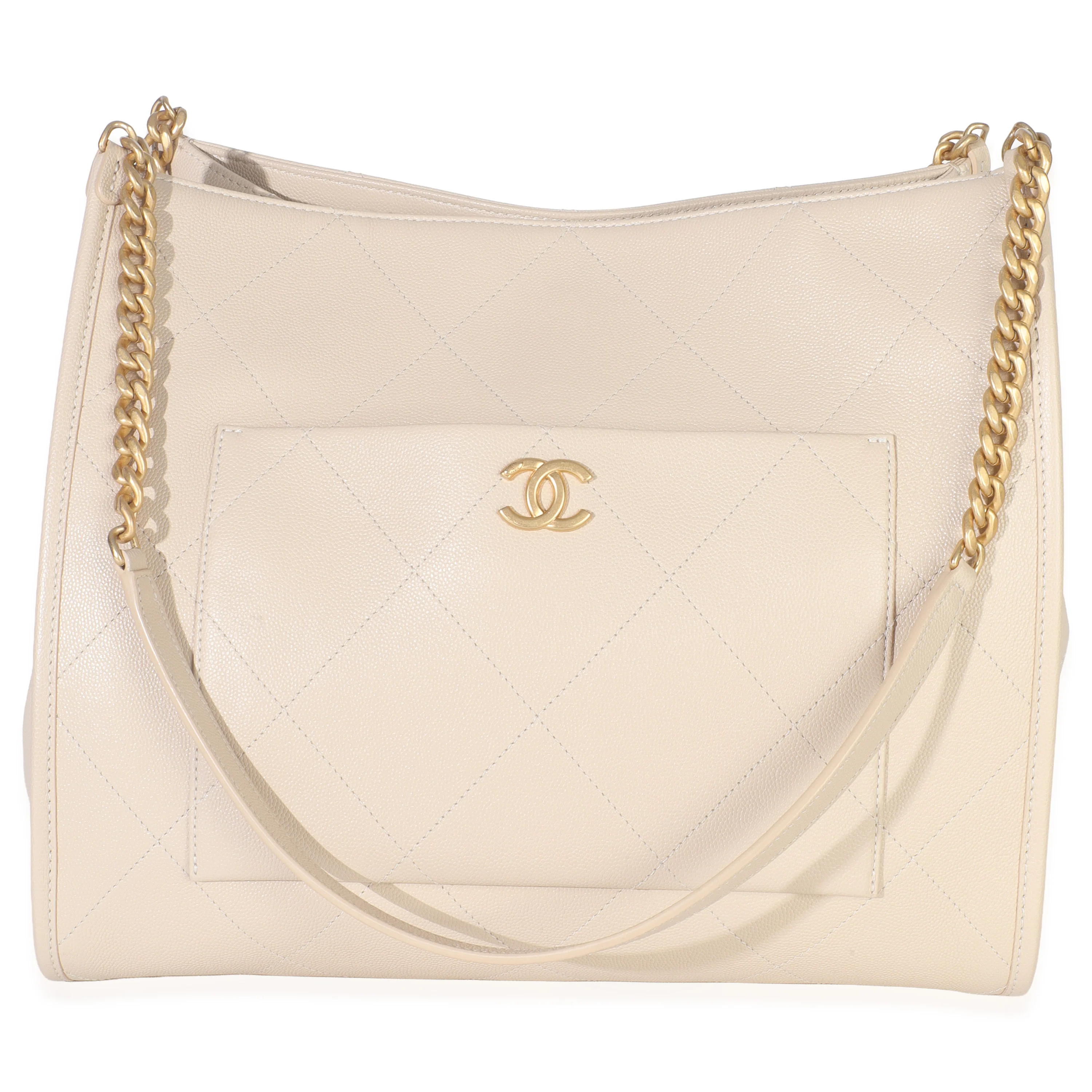 Beige Quilted Caviar Front Pocket CC Large Tote - Image 2