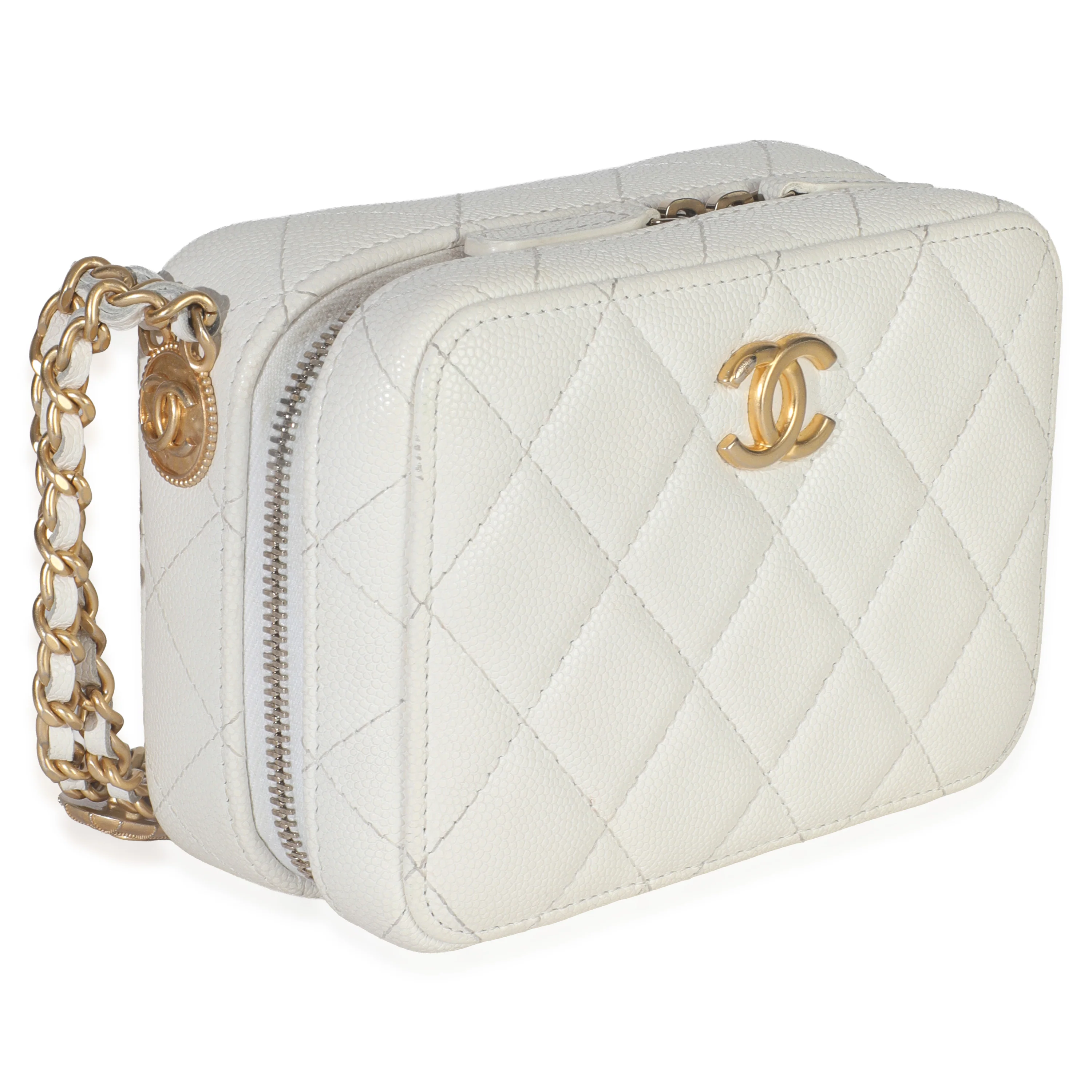 White Quilted Caviar Twist Your Buttons Handbag Clutch with Chain - Image 3