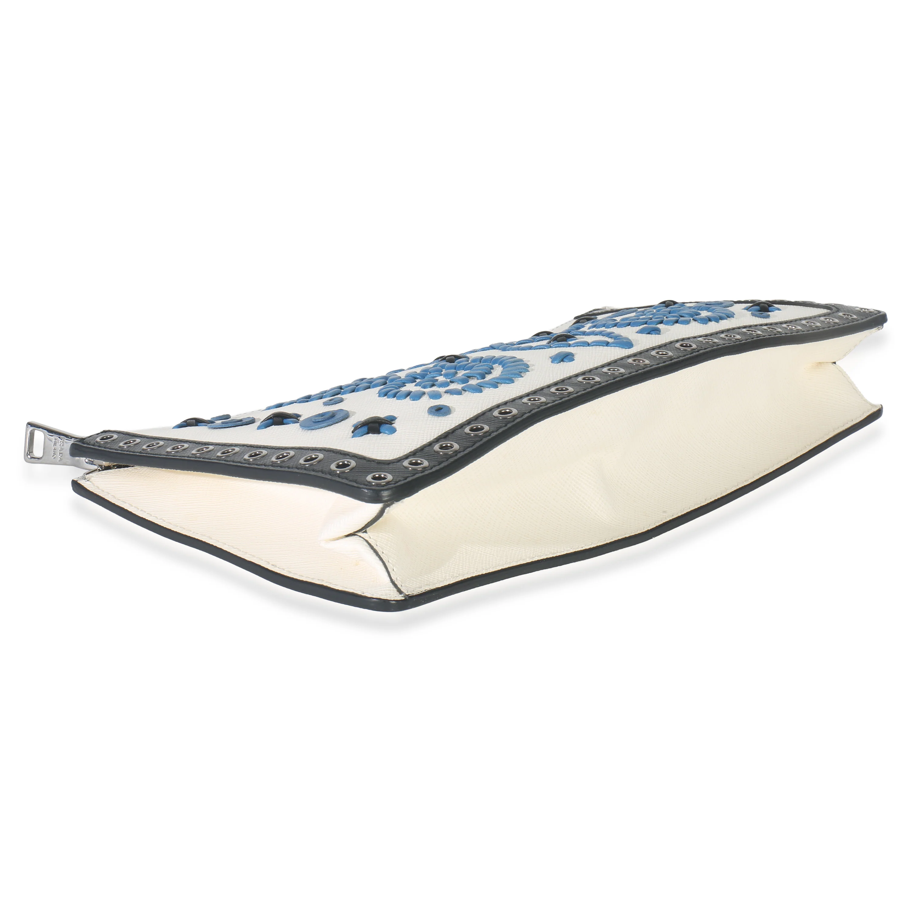 White Black Saffiano Embroidered Eyelet Clutch - Image 6