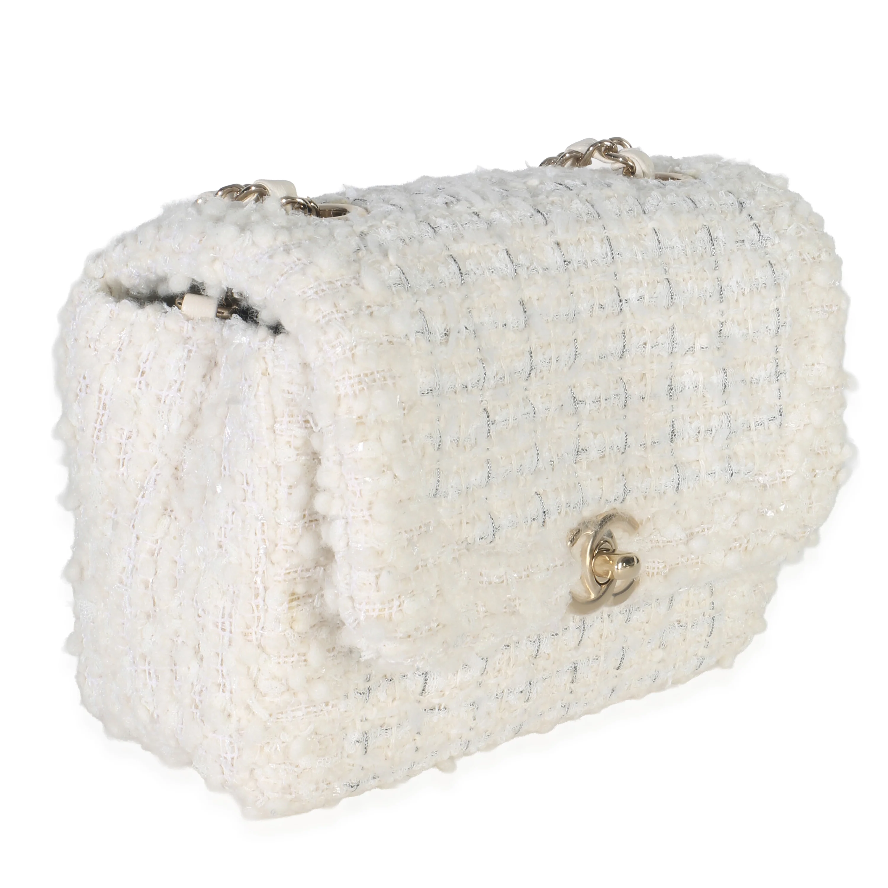 White Quilted Tweed Small Flap Bag - Image 3
