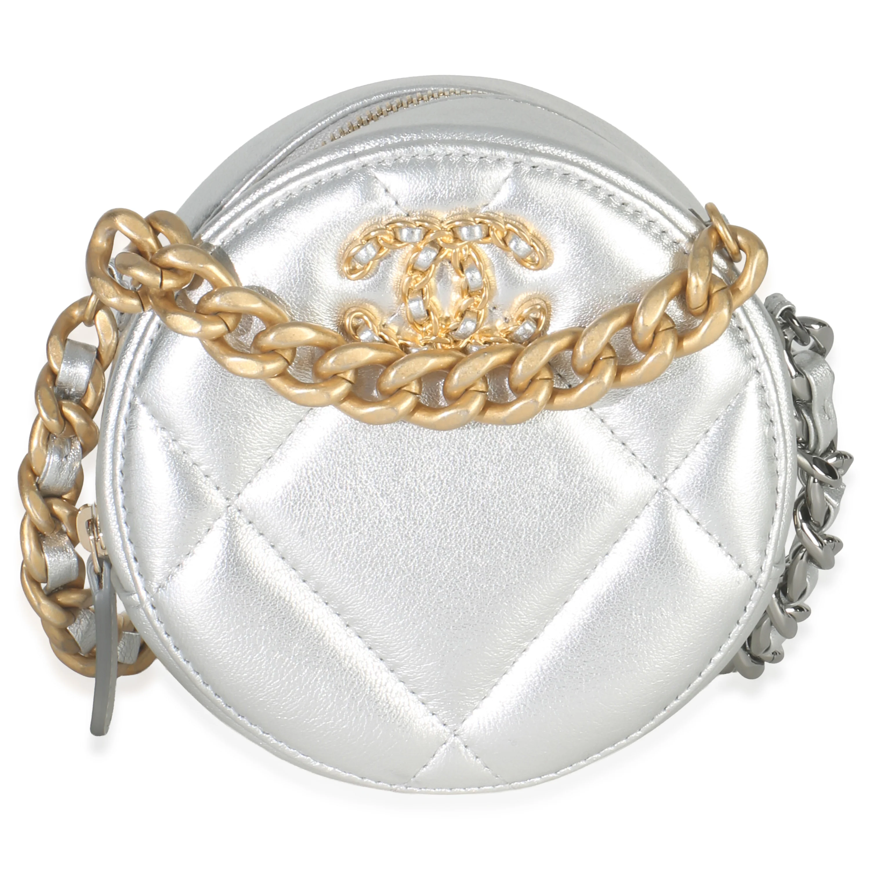 -Silver Quilted Lambskin Chanel 19 Round Pouch