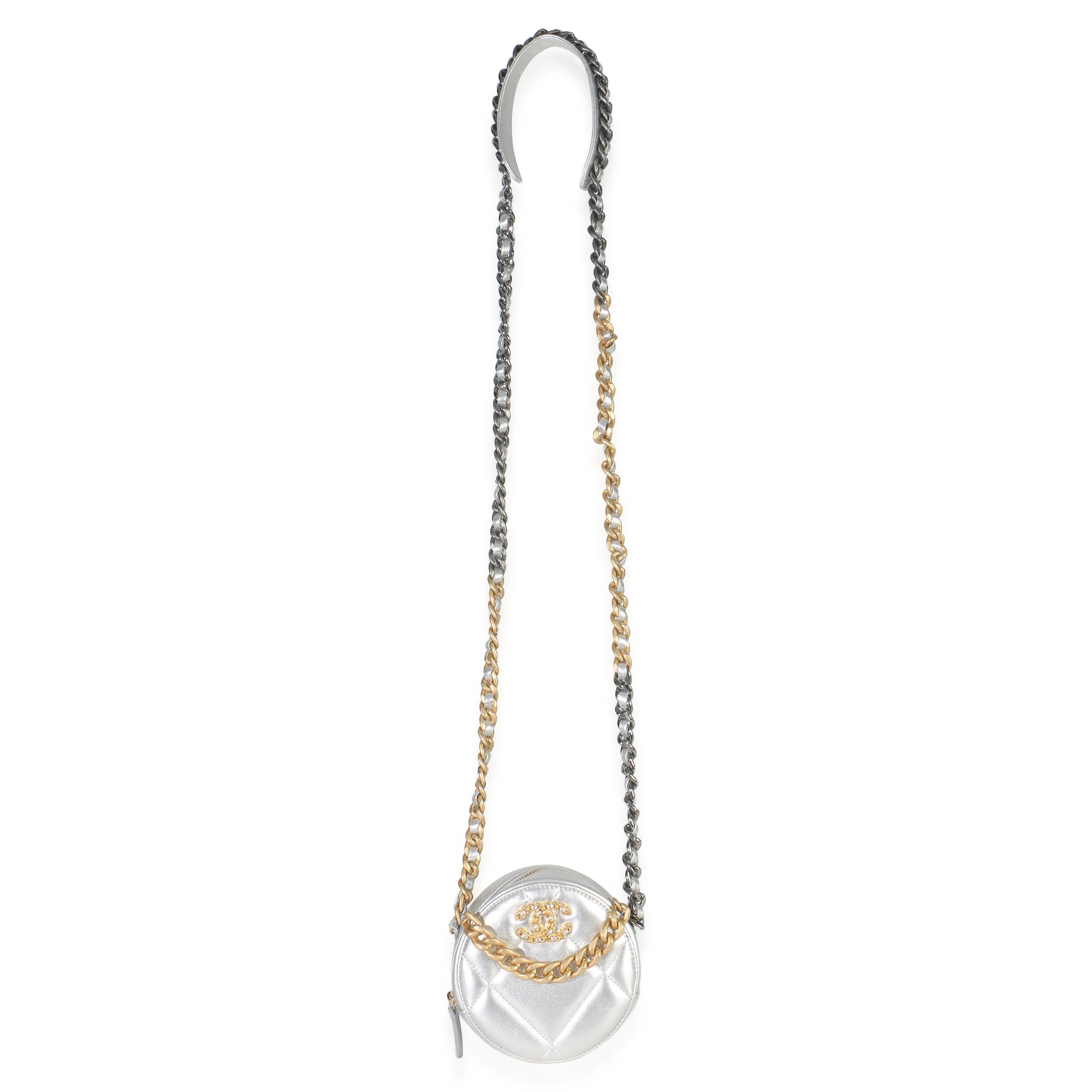 -Silver Quilted Lambskin Chanel 19 Round Pouch - Image 10