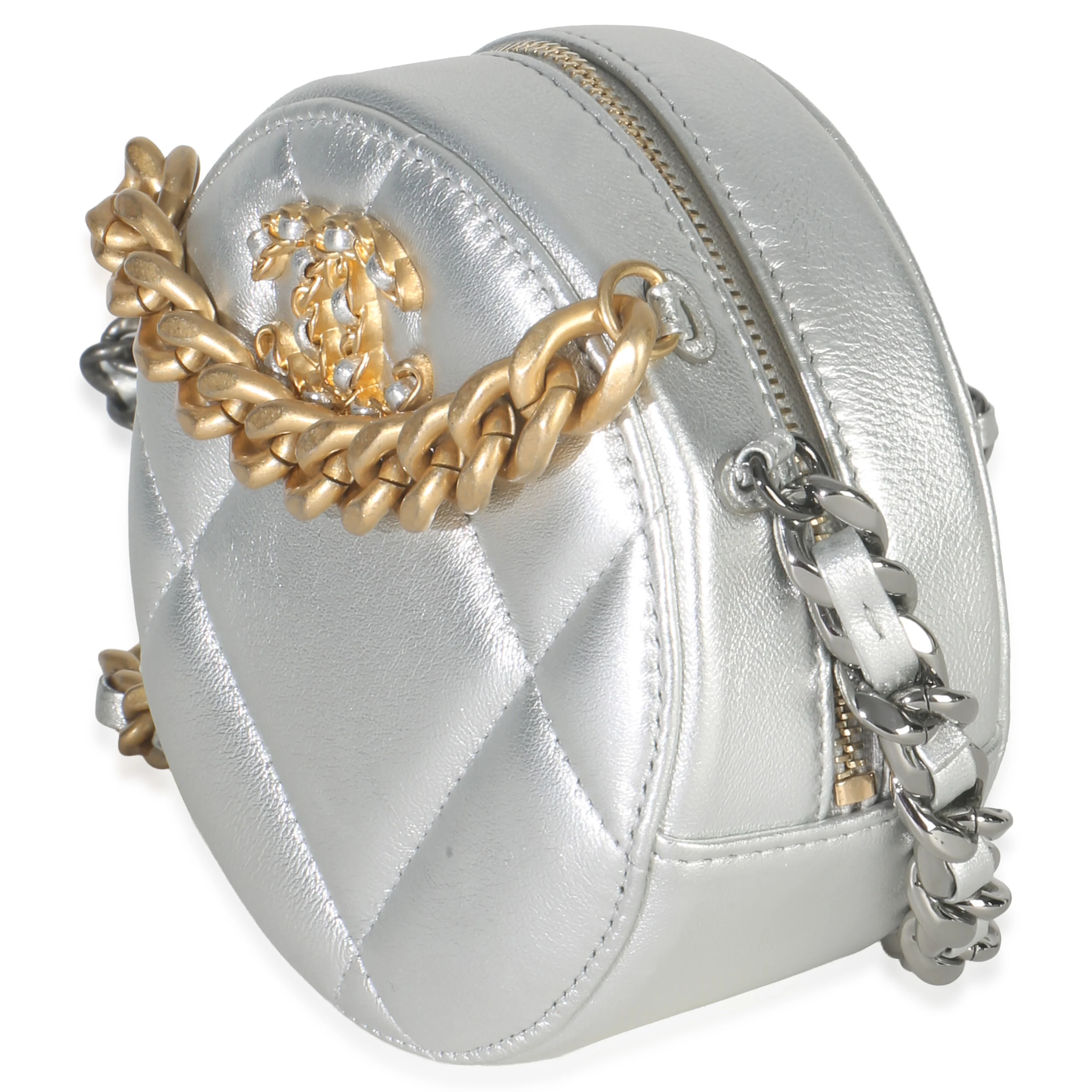 -Silver Quilted Lambskin Chanel 19 Round Pouch - Image 2