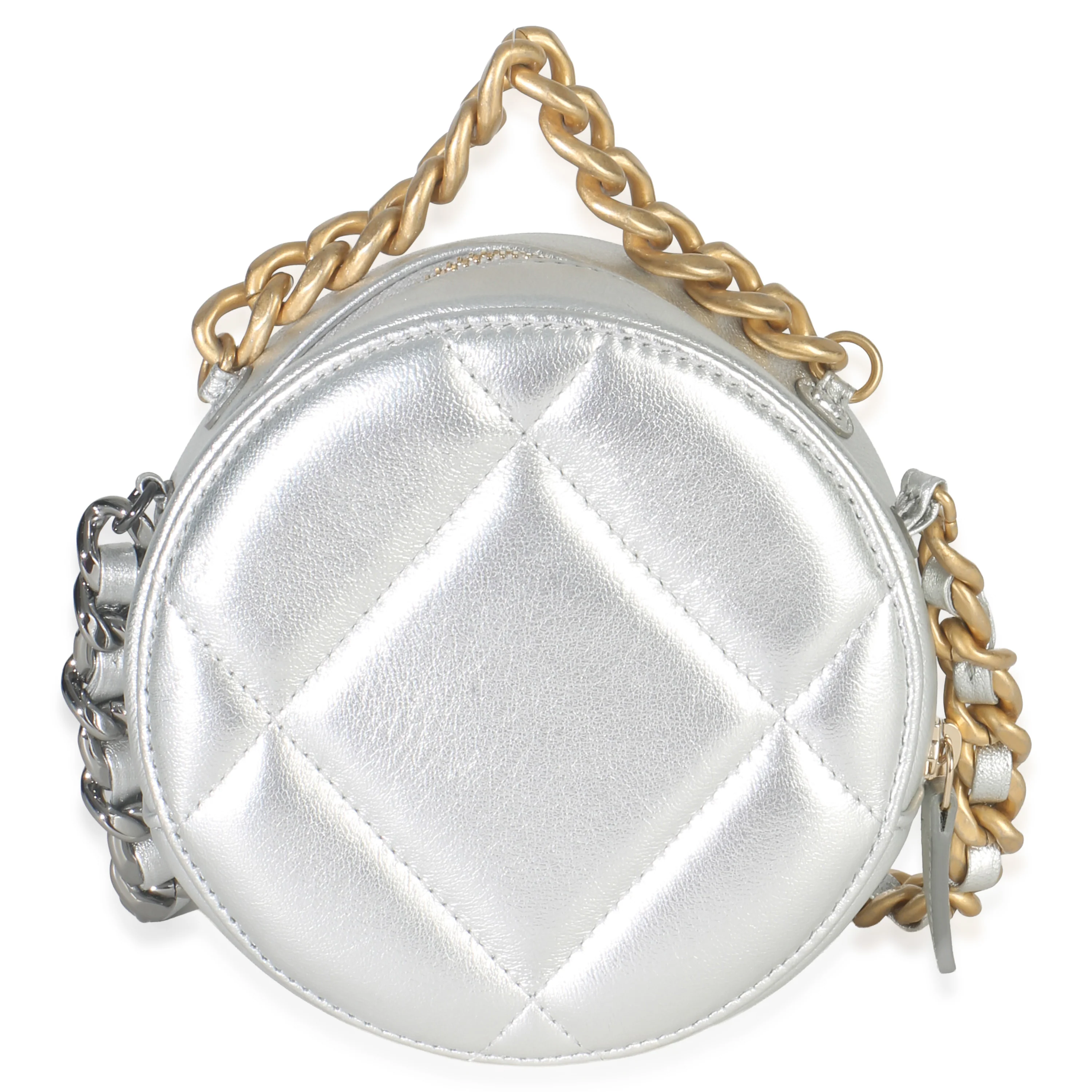 -Silver Quilted Lambskin Chanel 19 Round Pouch - Image 6