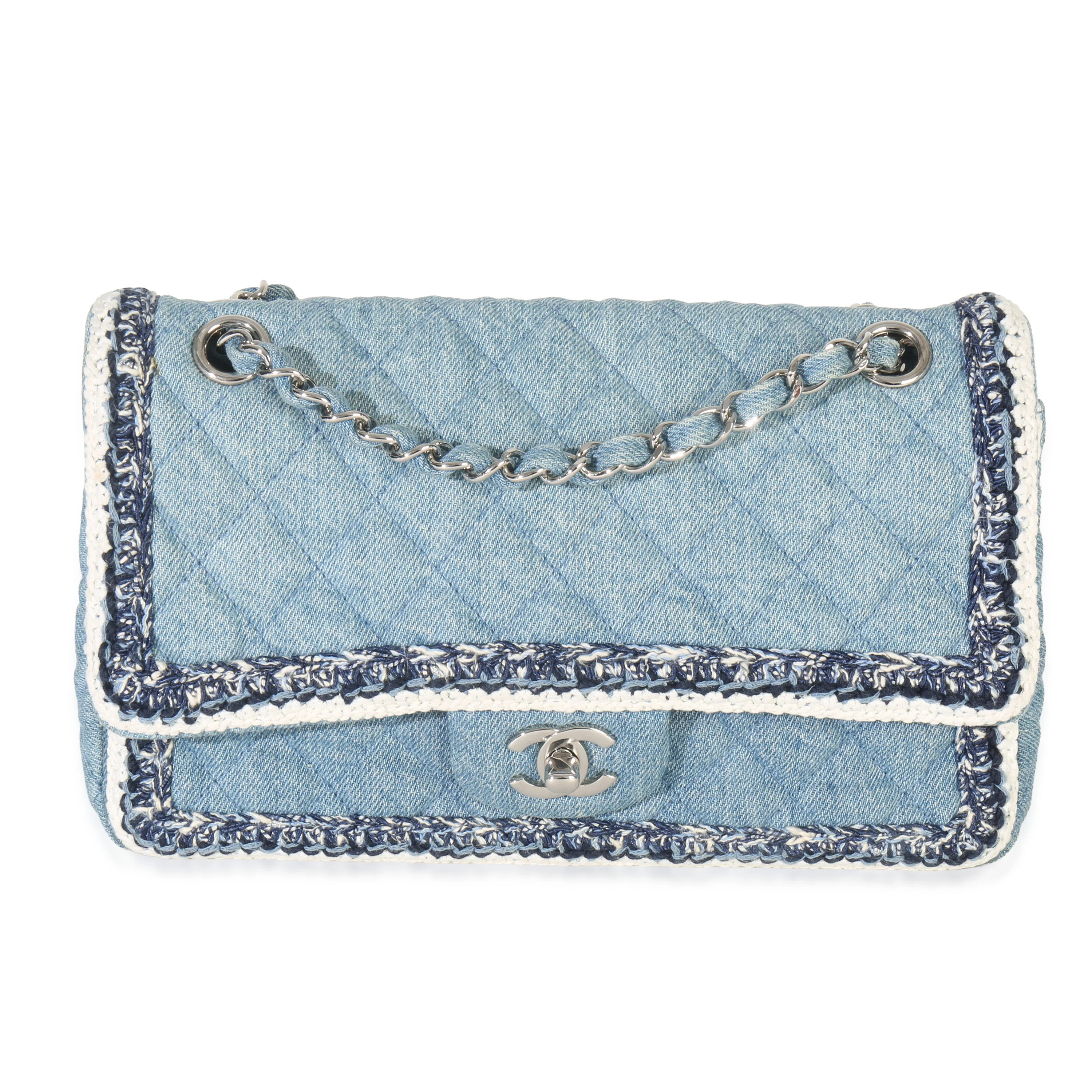 Light Blue Quilted Denim Braided Medium Flap Bag