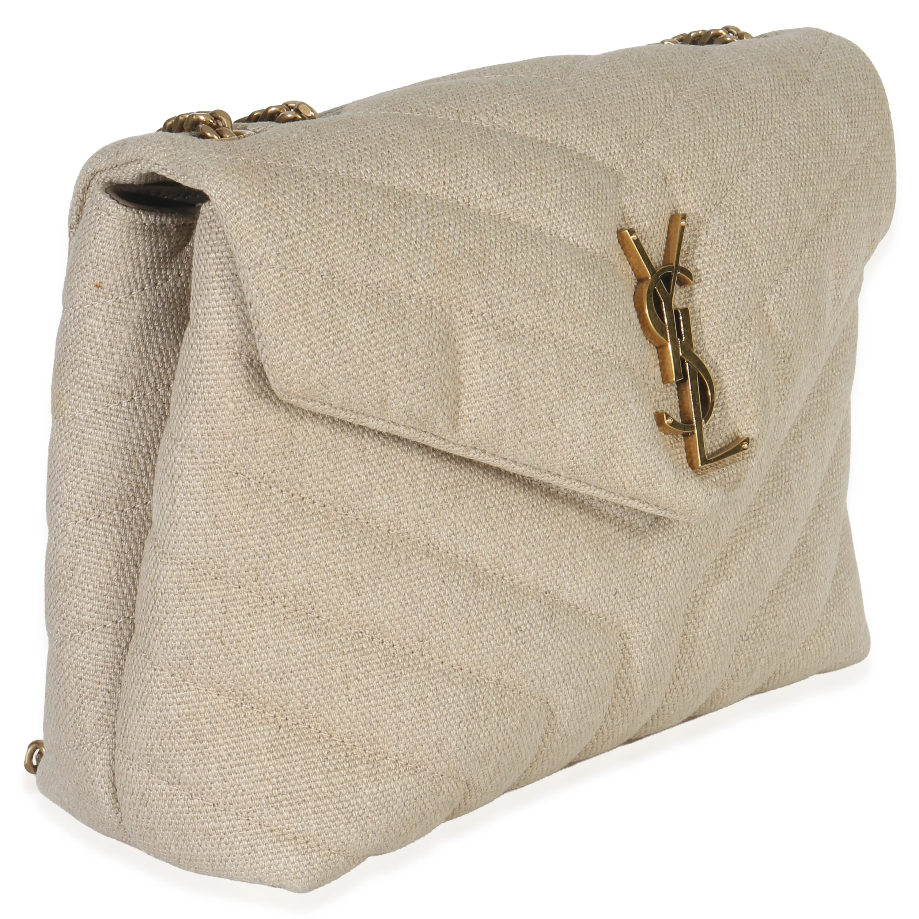 Beige Linen Chevron Small Loulou Chain Bag - Image 3