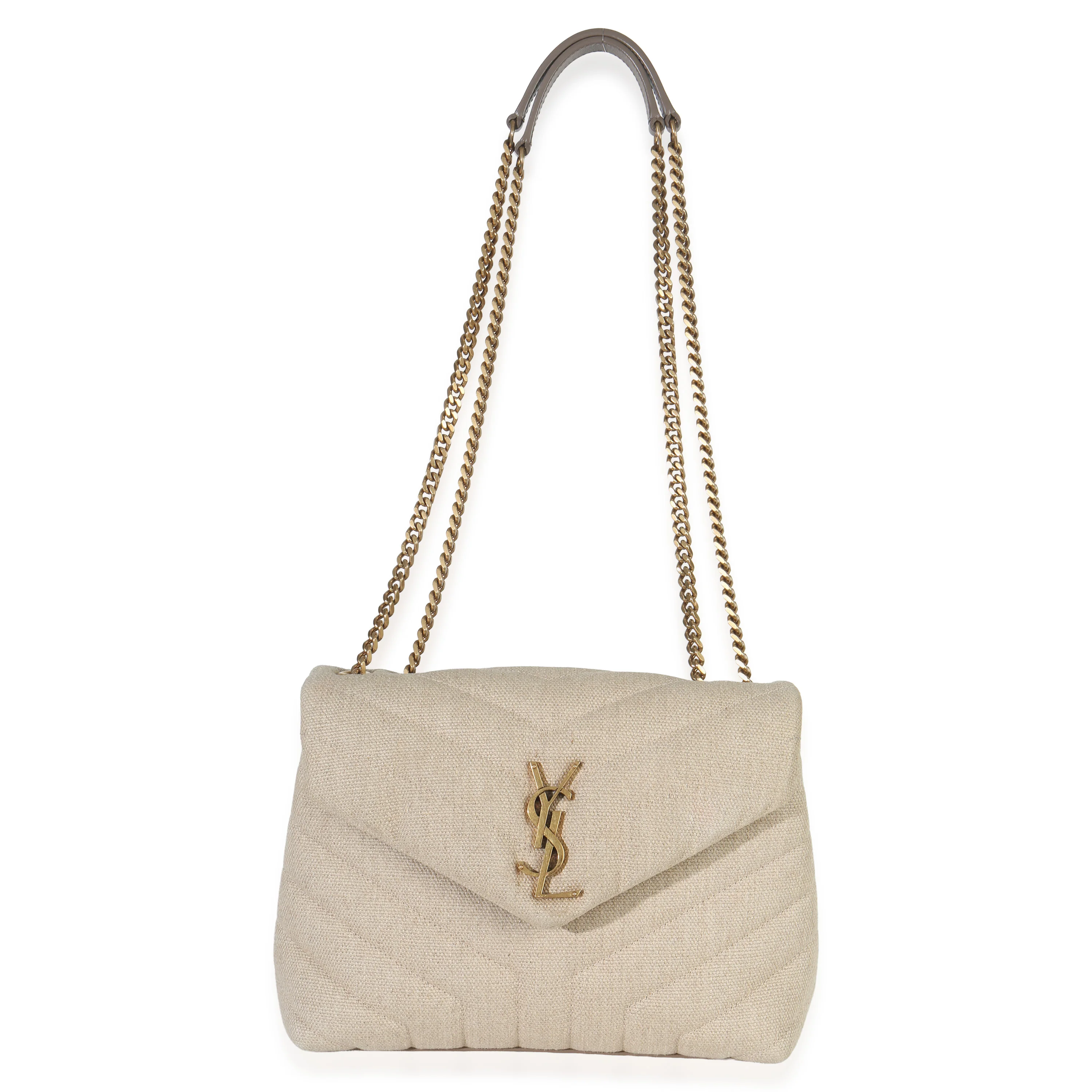 Beige Linen Chevron Small Loulou Chain Bag - Image 8