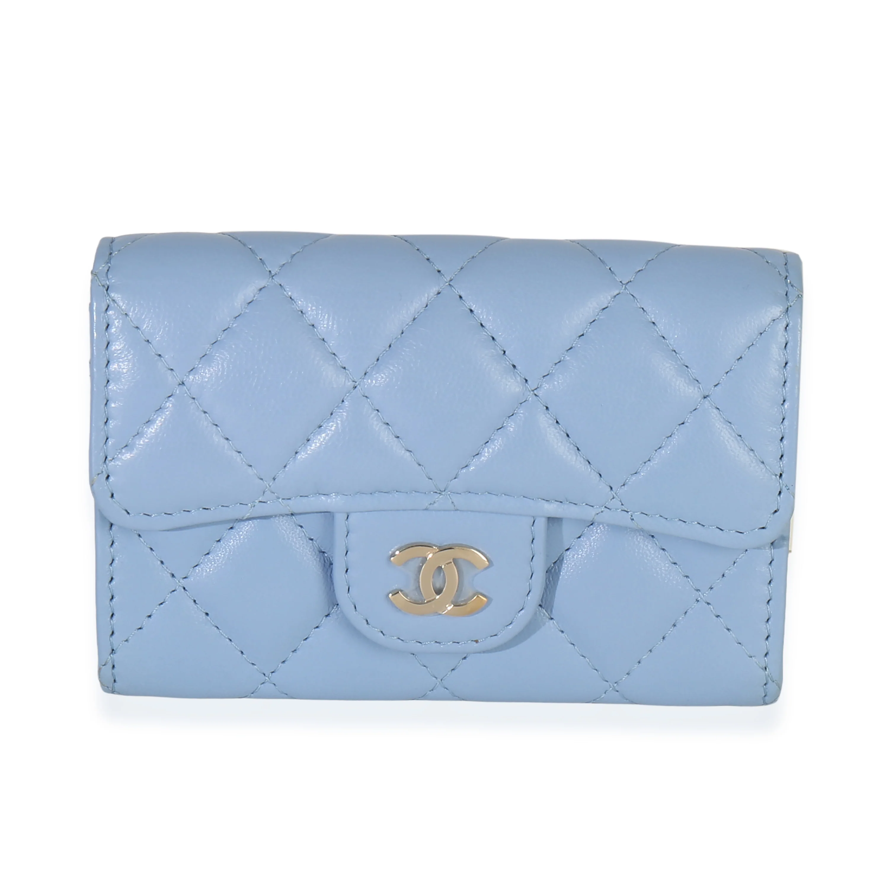 Light Blue Quilted Lambskin Classic Flap Card Holder