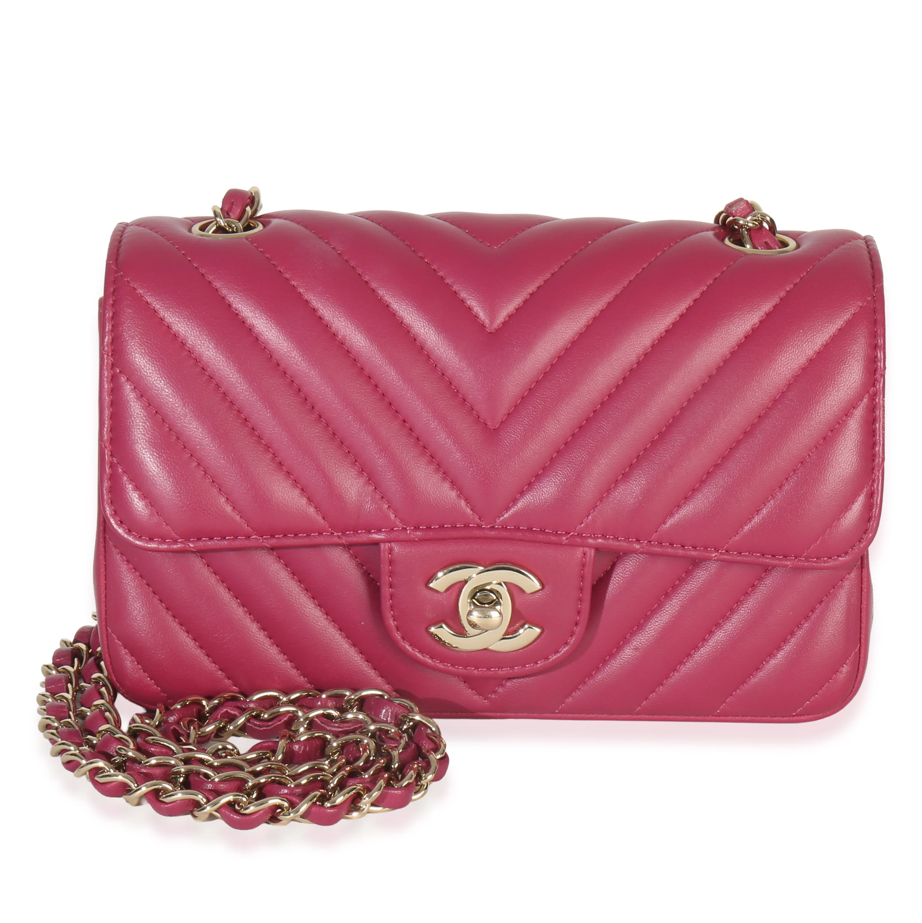 Dark Pink Chevron Lambskin Mini Rectangular Flap Bag