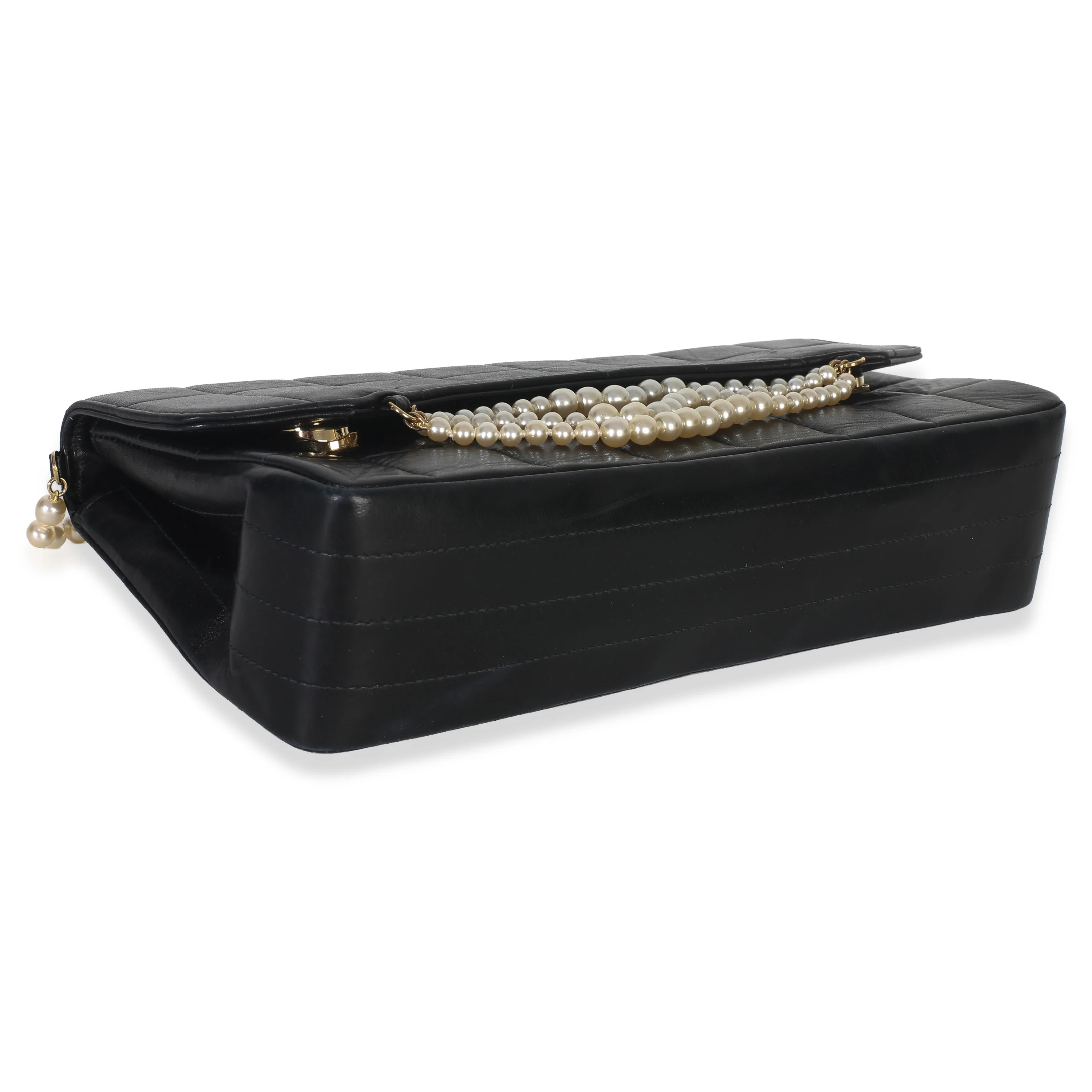 Vintage Black Lambskin Chocolate Bar Pearl Flap Bag - Image 6