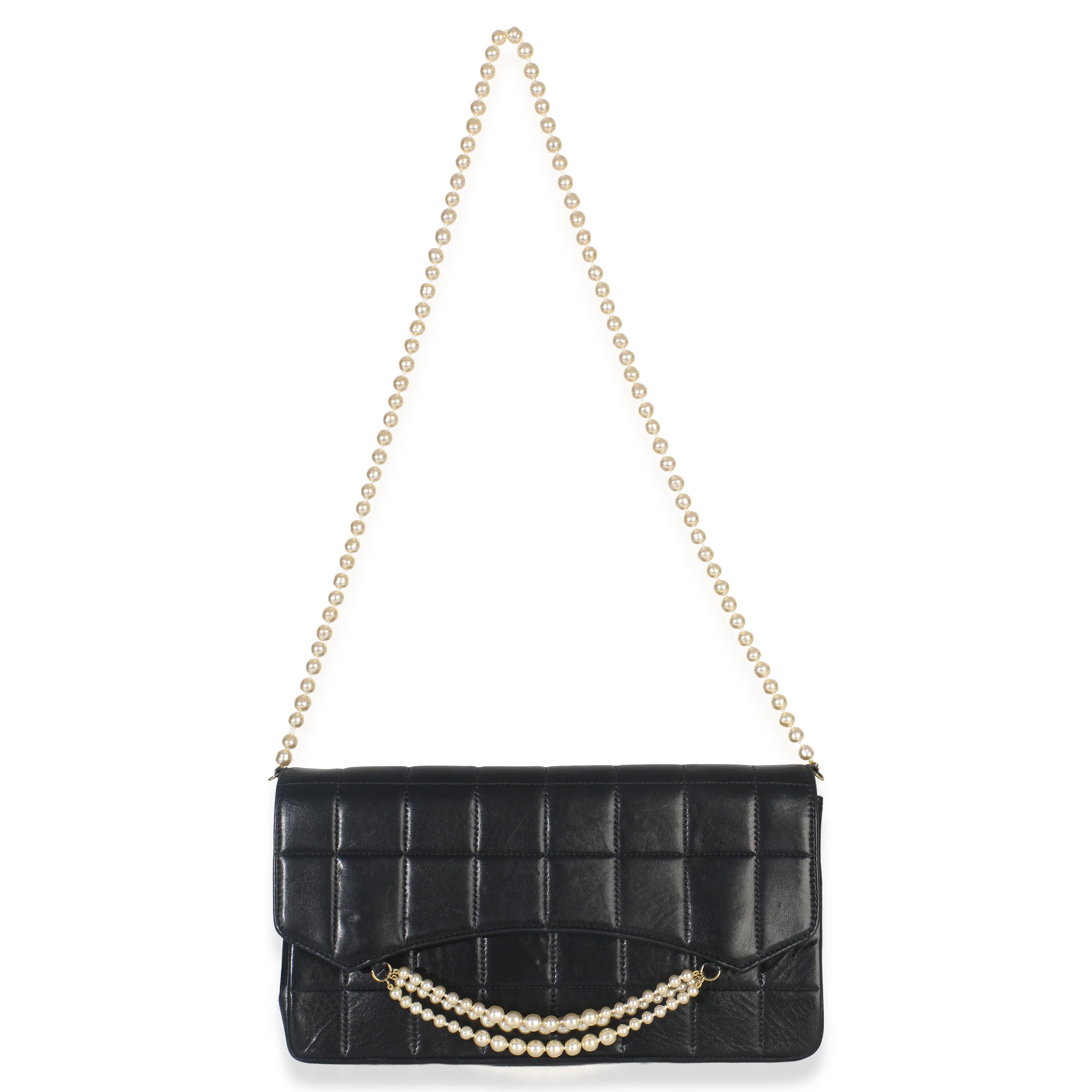 Vintage Black Lambskin Chocolate Bar Pearl Flap Bag - Image 8